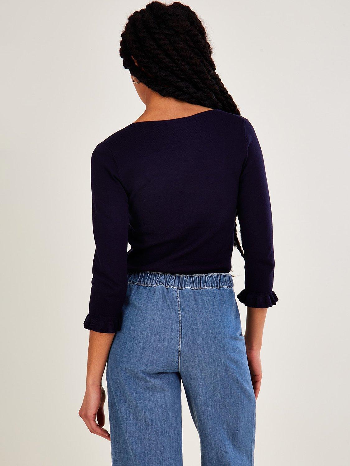 Product image 2 of 4, which shows Monsoon Square Neck Frill Sleeve Jumper, Navy, XXL
