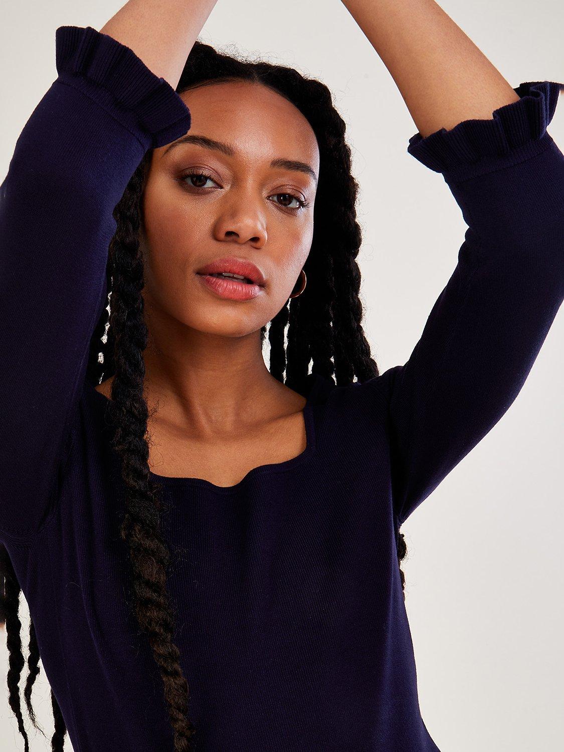 Product image 3 of 4, which shows Monsoon Square Neck Frill Sleeve Jumper, Navy, XXL