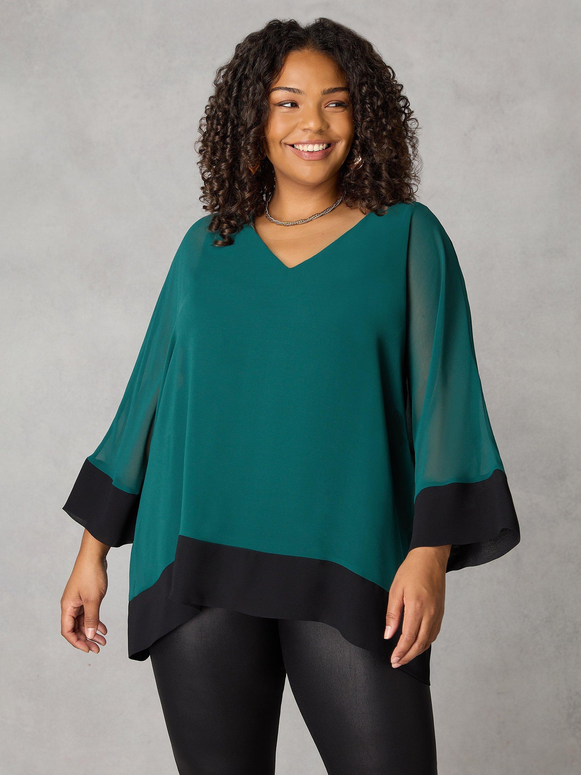 Live Unlimited Curve Chiffon Contrast Hem Overlay Top, Green/Black