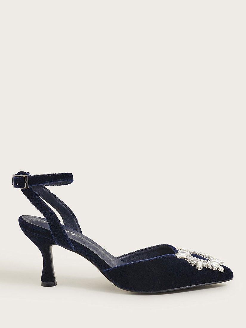 Monsoon Brooch Detail Velvet Kitten Heel Court Shoes, Navy