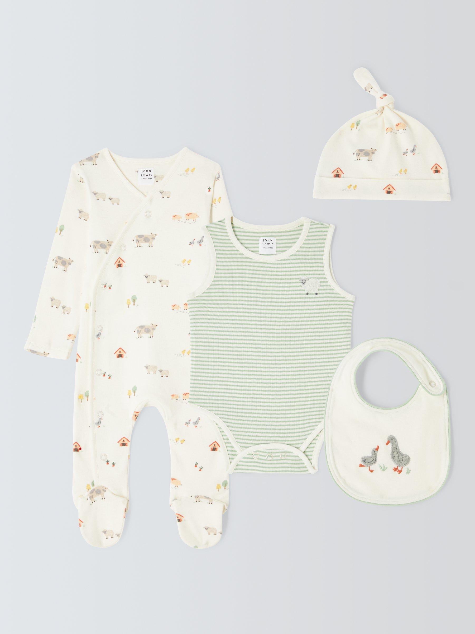 John Lewis Baby Farm Sleepsuit Bodysuit Hat Bib Set