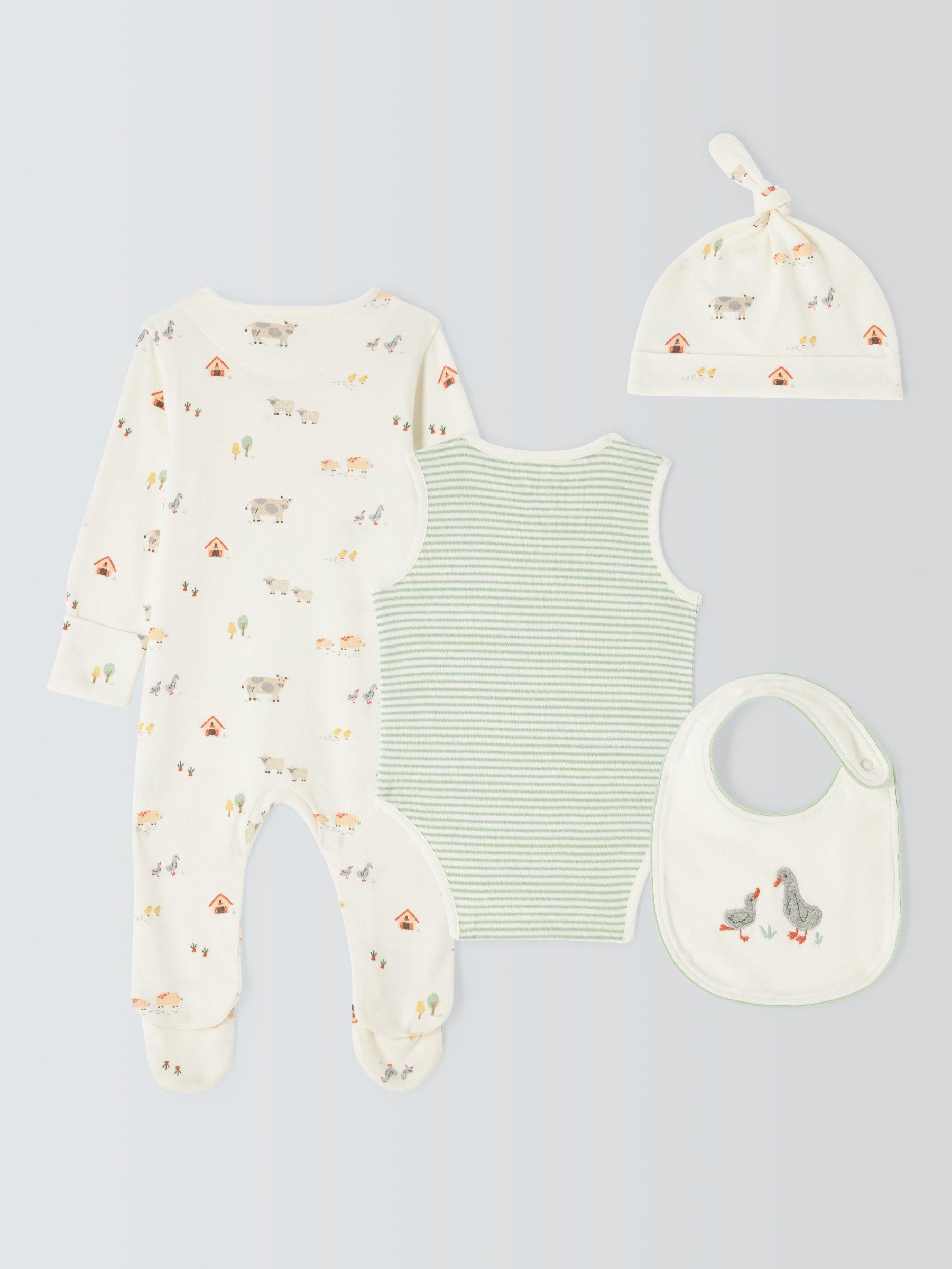 Product image 2 of 3, which shows John Lewis Baby Farm Sleepsuit, Bodysuit, Hat & Bib Set, Multi, 6-9 months