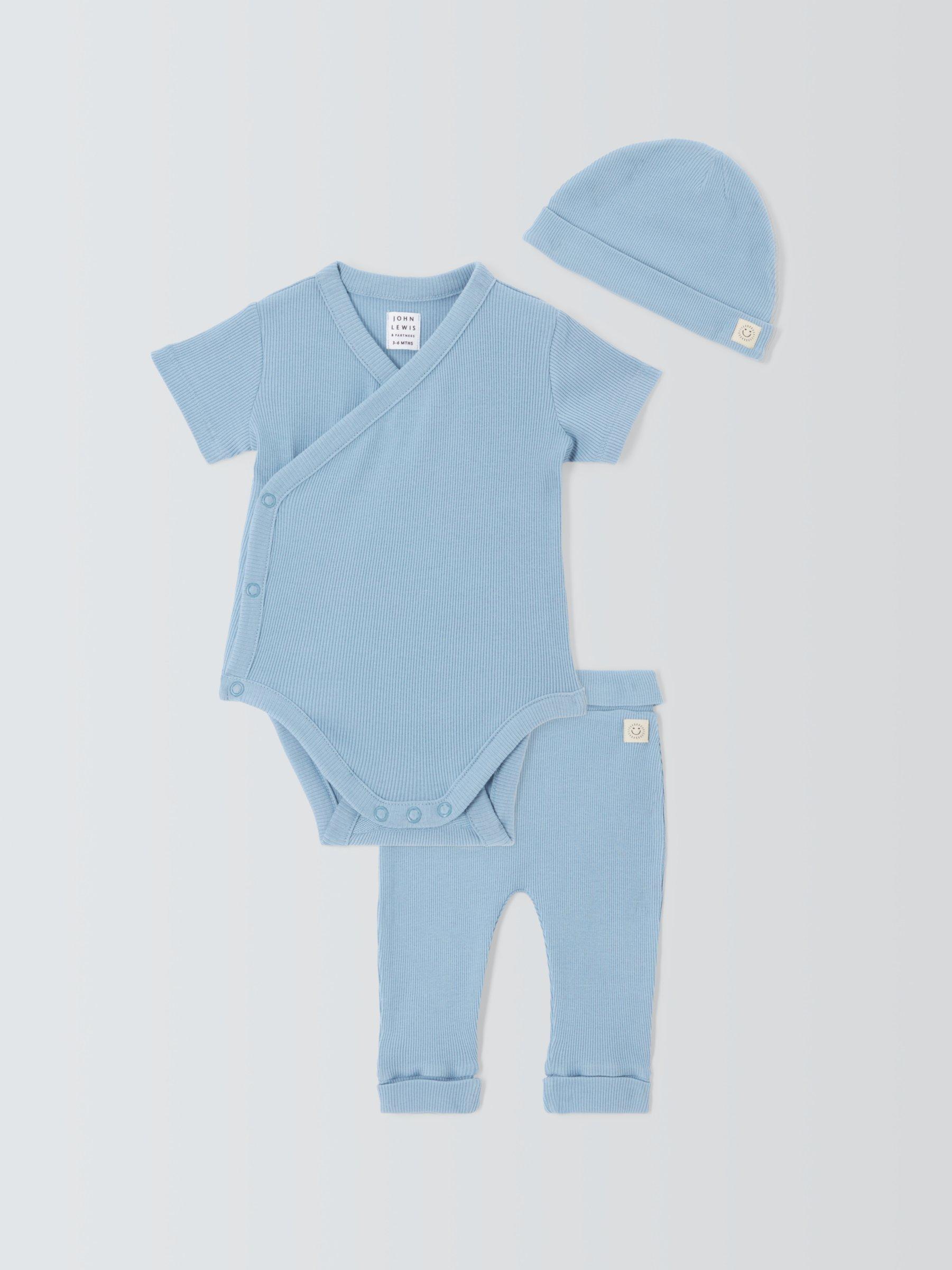 John Lewis Baby Ribbed Bodysuit, Trousers & Hat Set, Blue