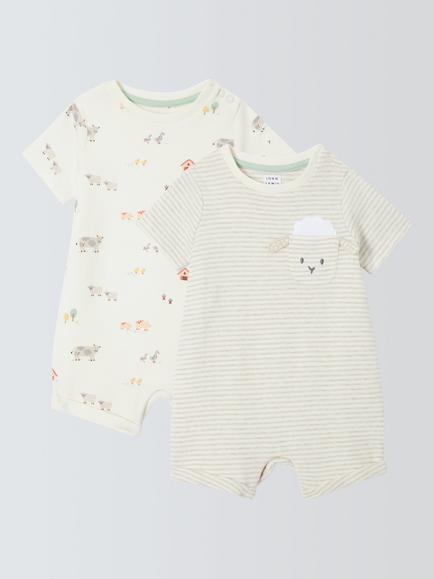 John Lewis Baby Farm Print Short Romper, Pack of 2, Cream, Cream