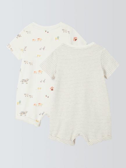 John Lewis Baby Farm Print Short Romper, Pack of 2, Cream - view 2, Cream
