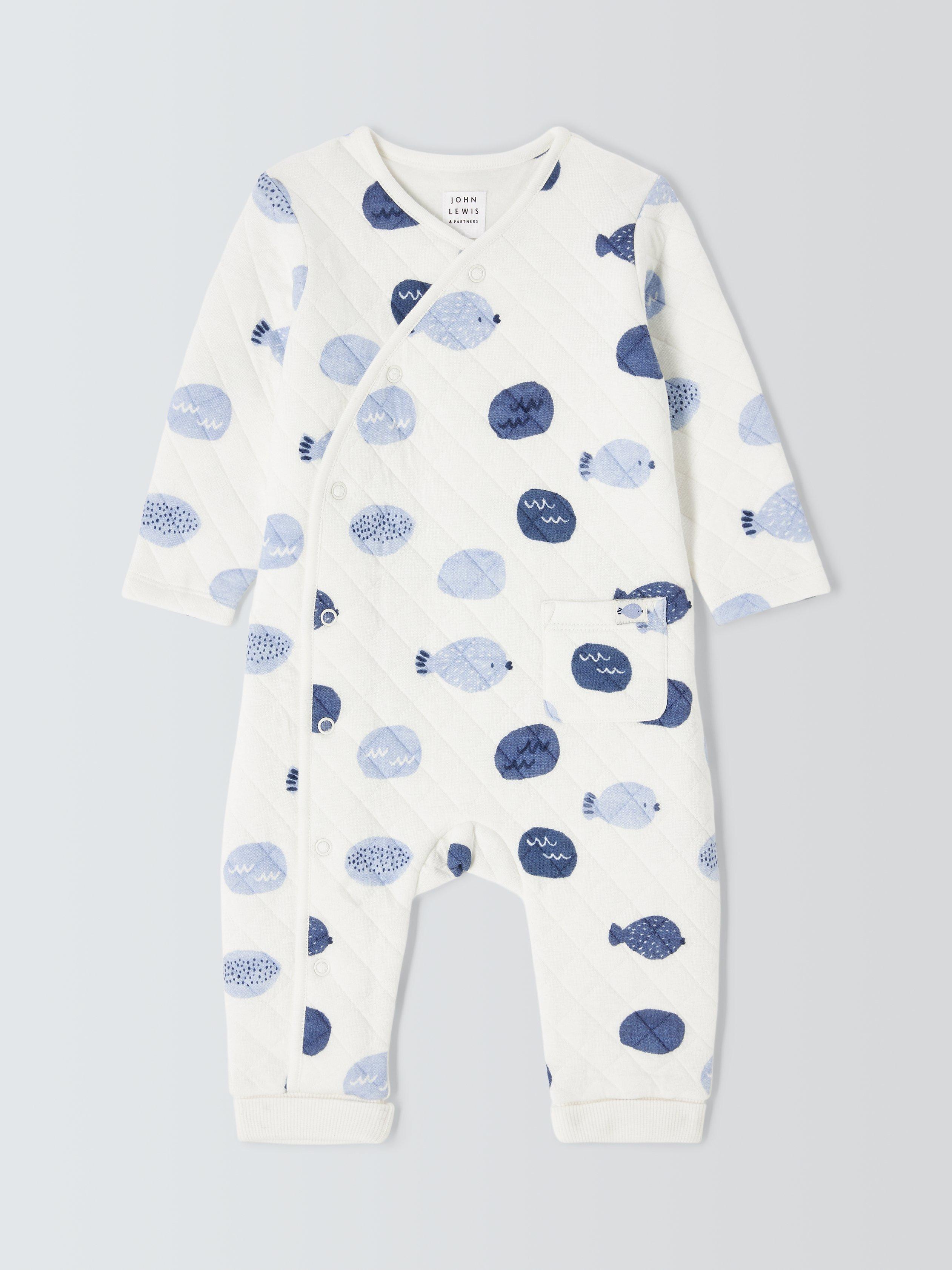John Lewis Baby Wadded Fish Print Romper, Blue/Multi