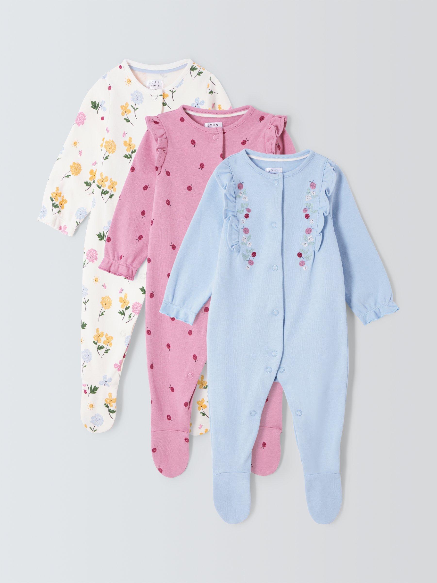 John Lewis Baby Floral Ladybird Frill Detail Sleepsuit, Pack of 3, Multi