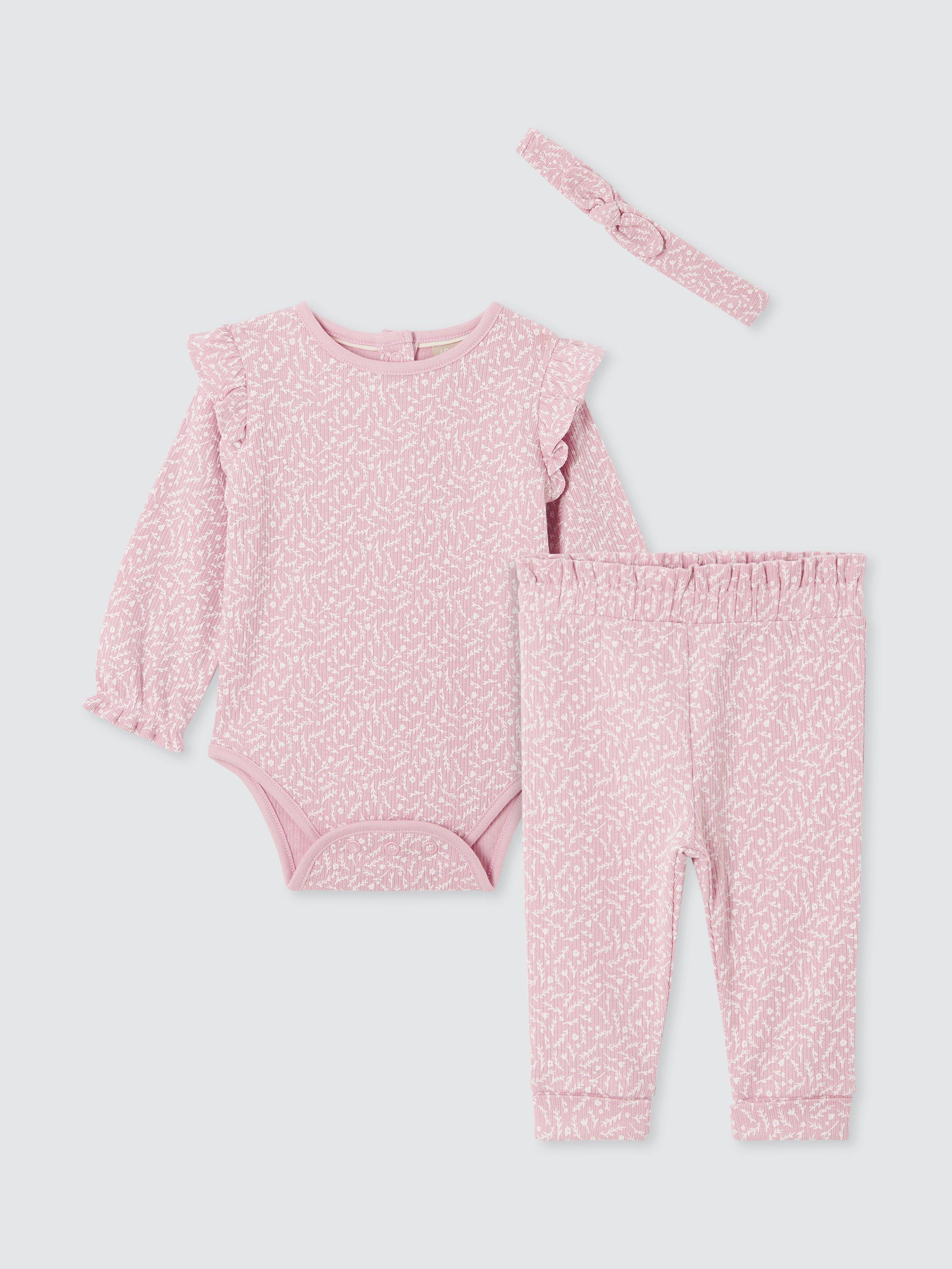 John Lewis Baby Floral Bodysuit, Trousers and Headband Set, Pink