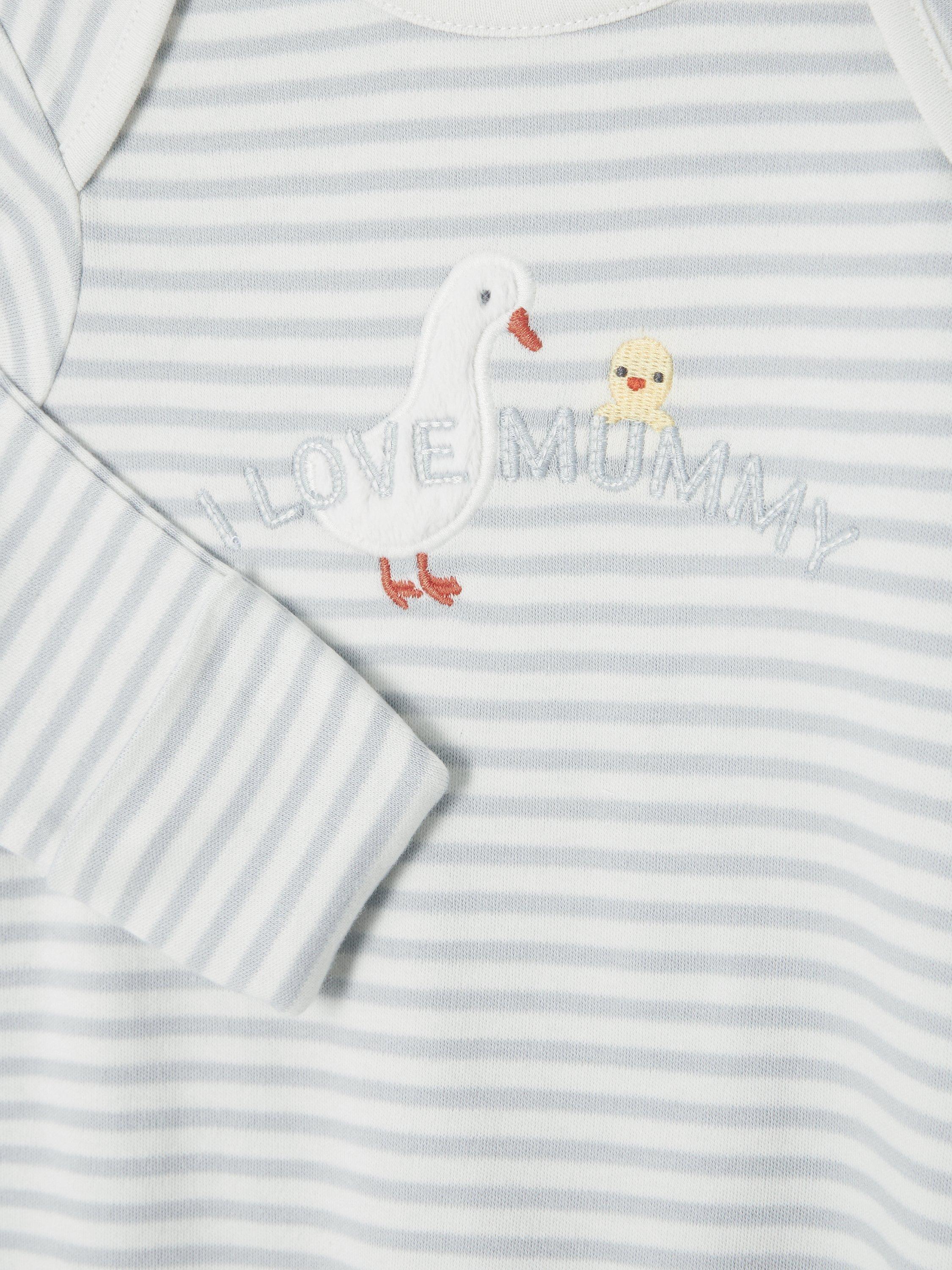 Product image 3 of 3, which shows John Lewis Baby I Love Mummy Stripe Sleepsuit, Grey/Cream, 0-3 months