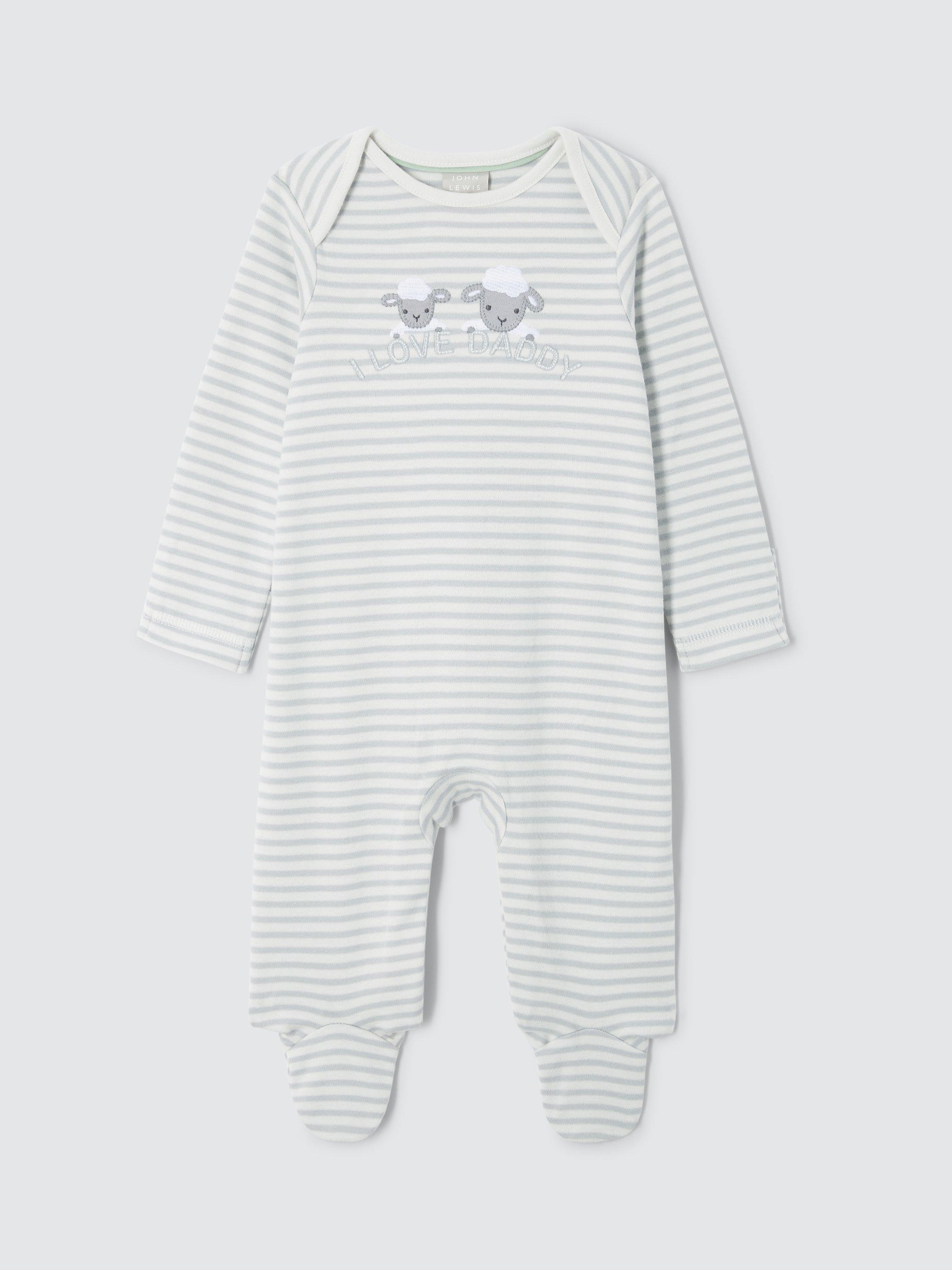 John Lewis Baby Cotton I Love Daddy Stripe Sleepsuit Cream Grey Natural Cream