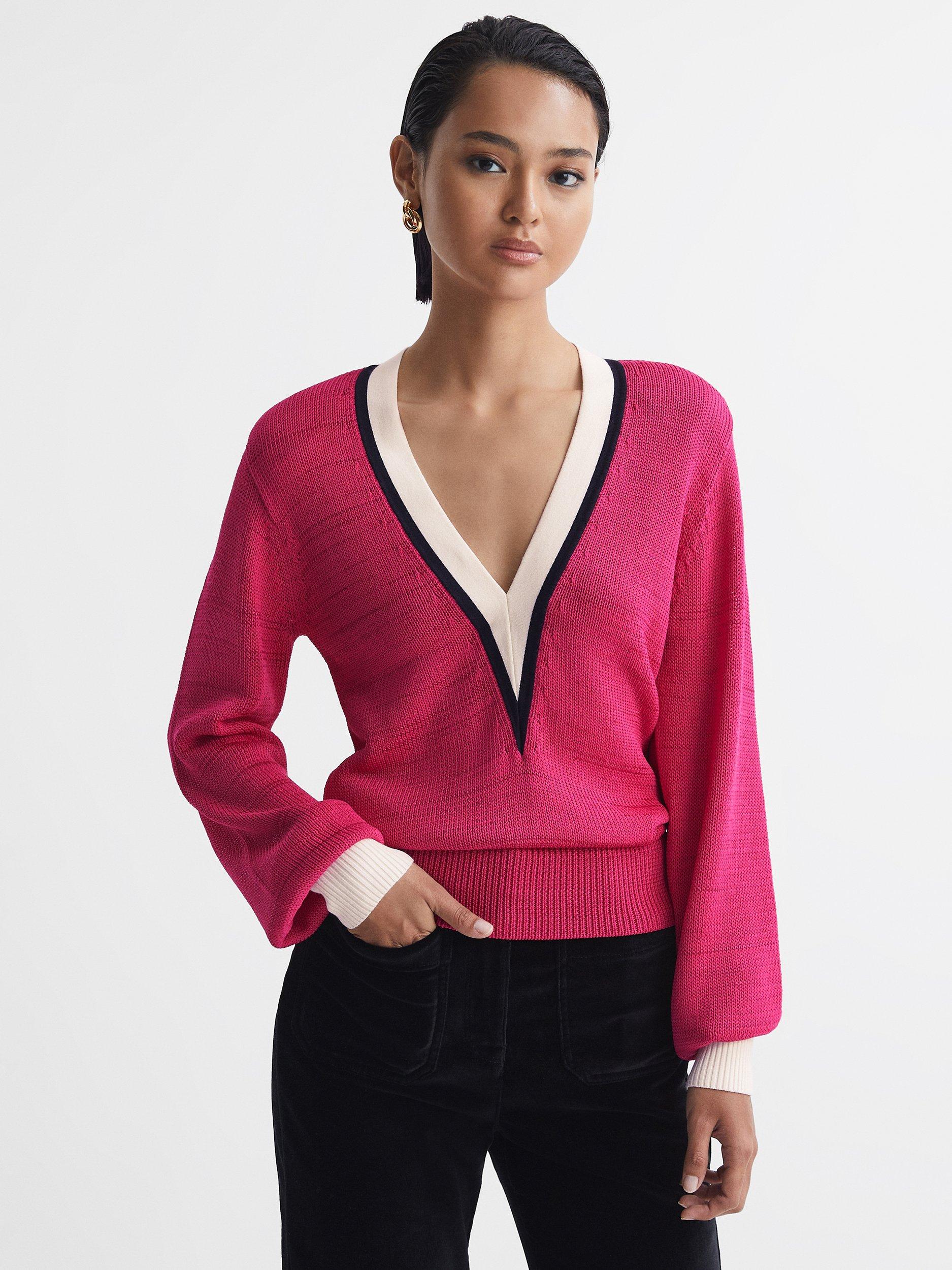 Reiss Talitha Contrast Trim Knitted Top, Pink/Multi