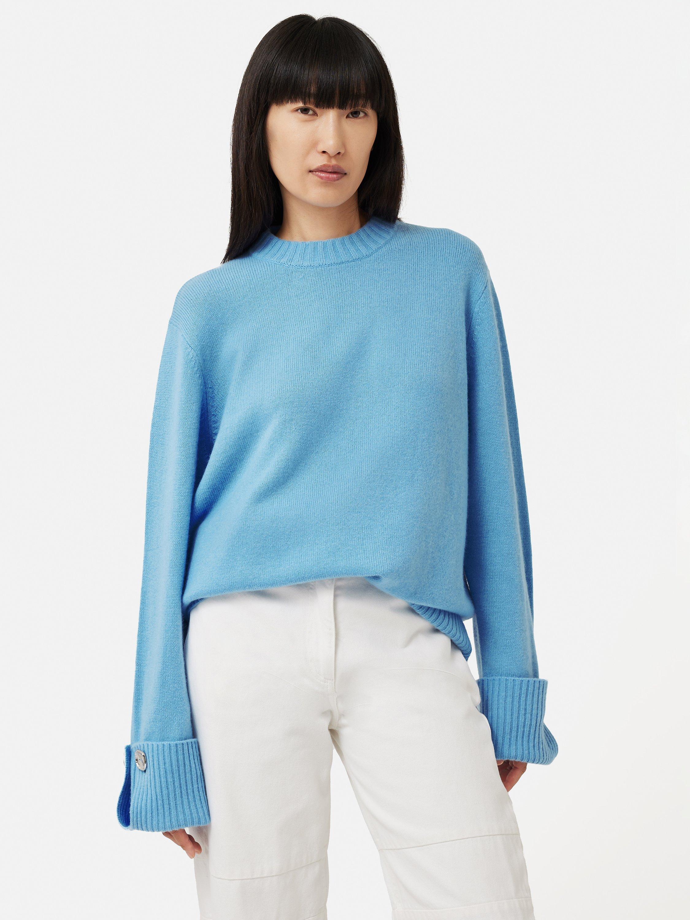 Jigsaw Button Cuff Detail Oversized Jumper, Blue