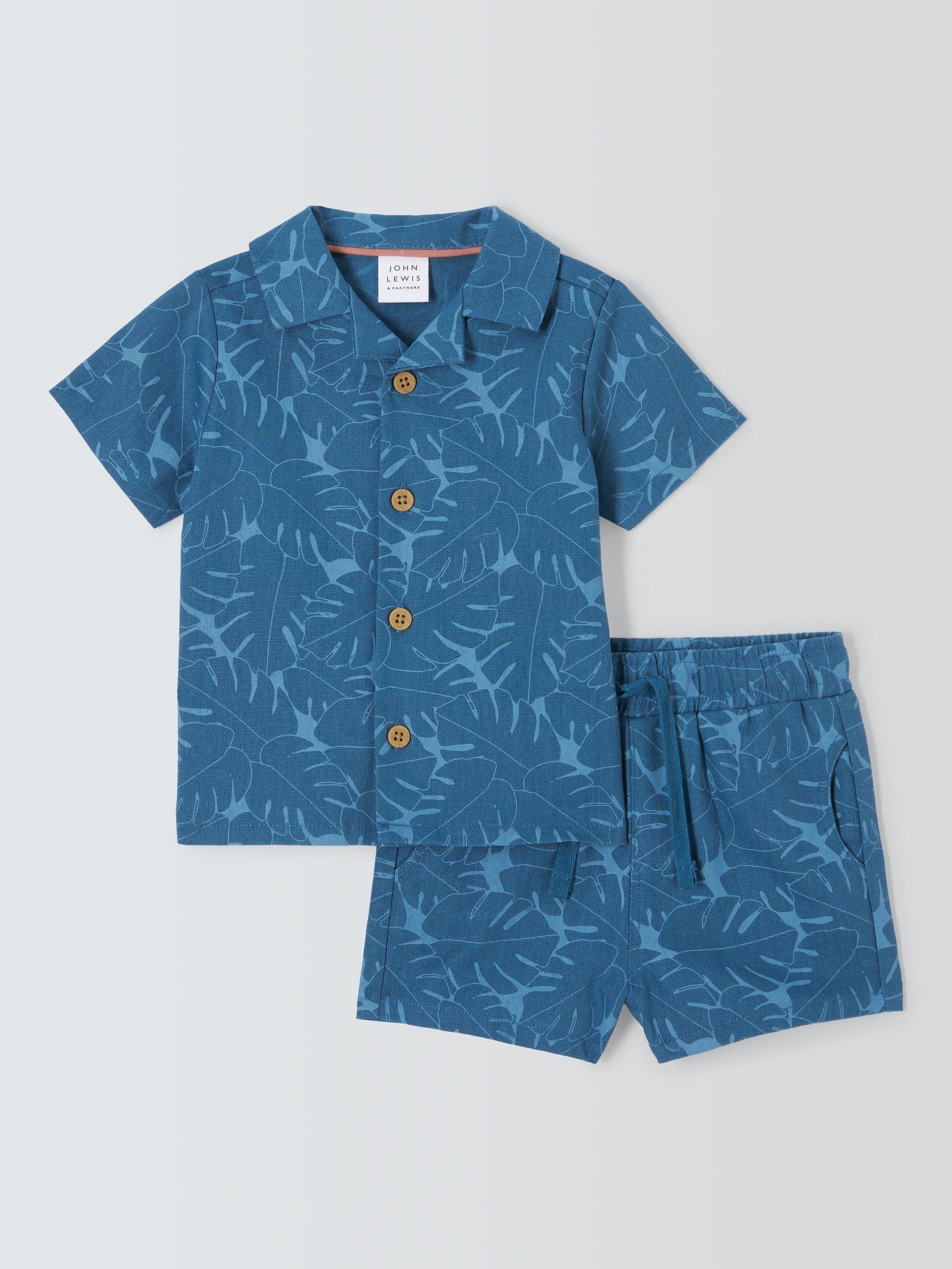 John Lewis Baby Linen Blend Leaf Print Top & Shorts Set, Blue