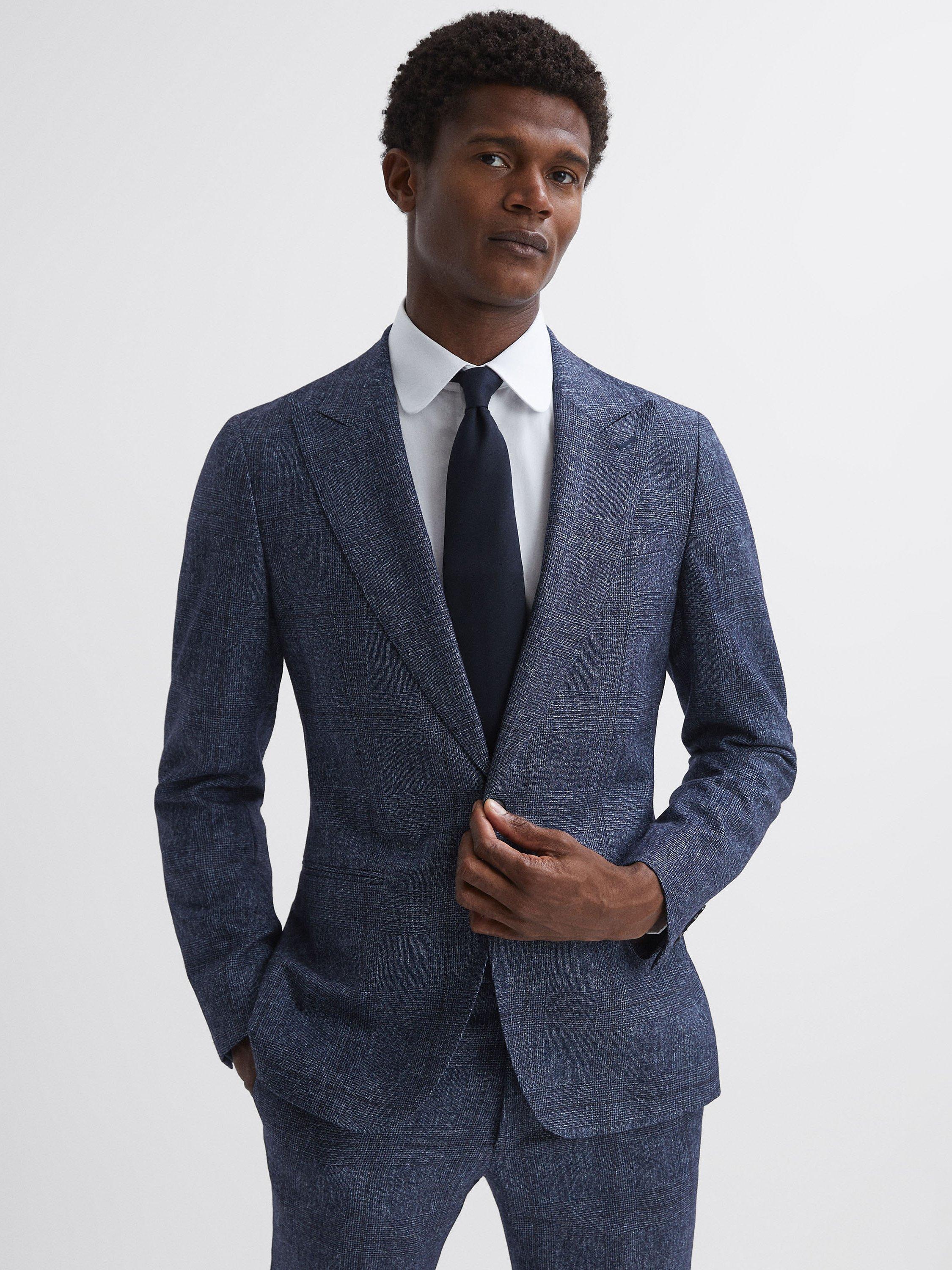 Reiss Barrett Check Wool And Linen Blend Suit Jacket, Indigo