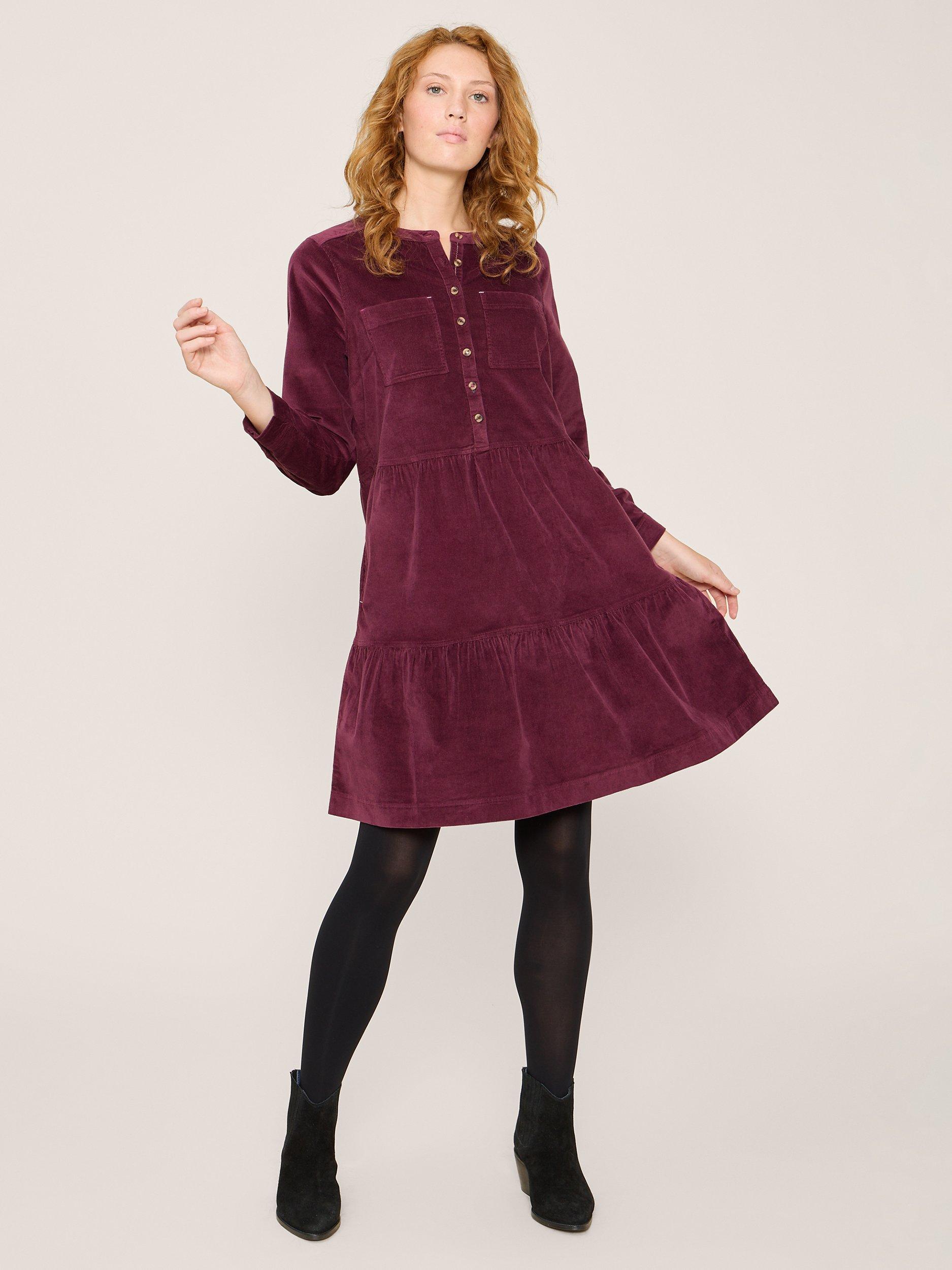 White Stuff Edith Mini Tiered Cord Dress, Dark Plum