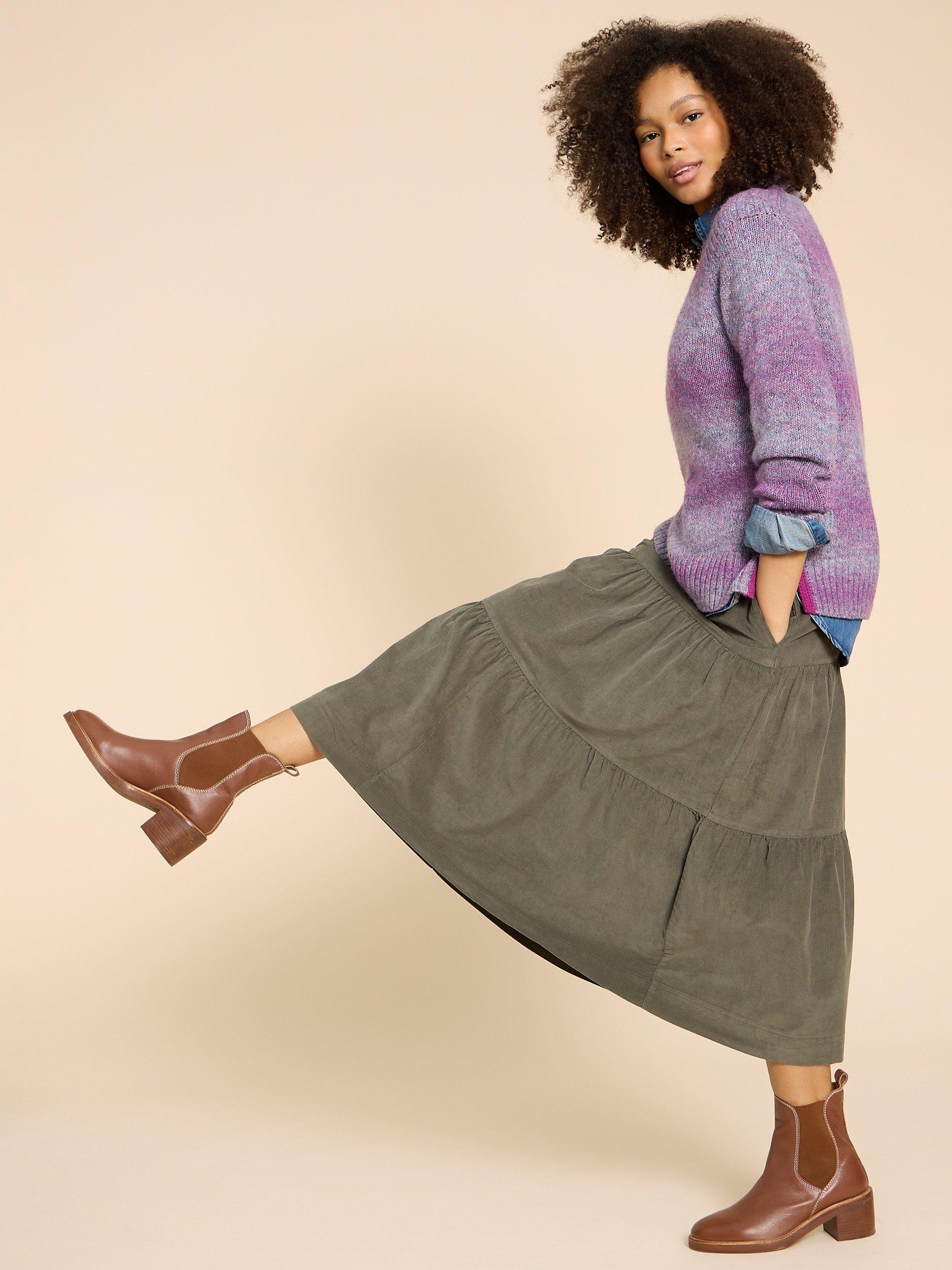 White Stuff Tiered Corduroy Skirt, Khaki Green