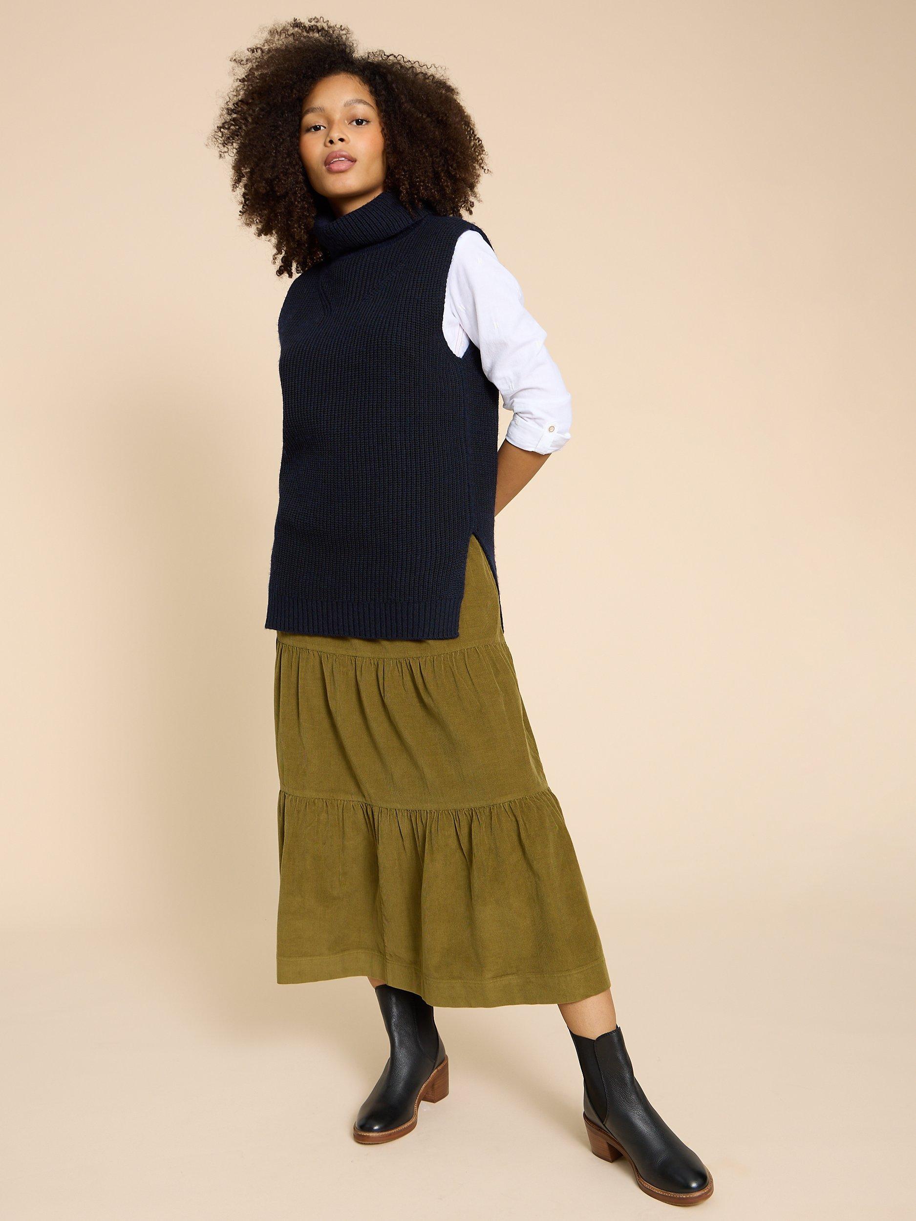 White Stuff Tiered Corduroy Skirt, Mid Chartreuse