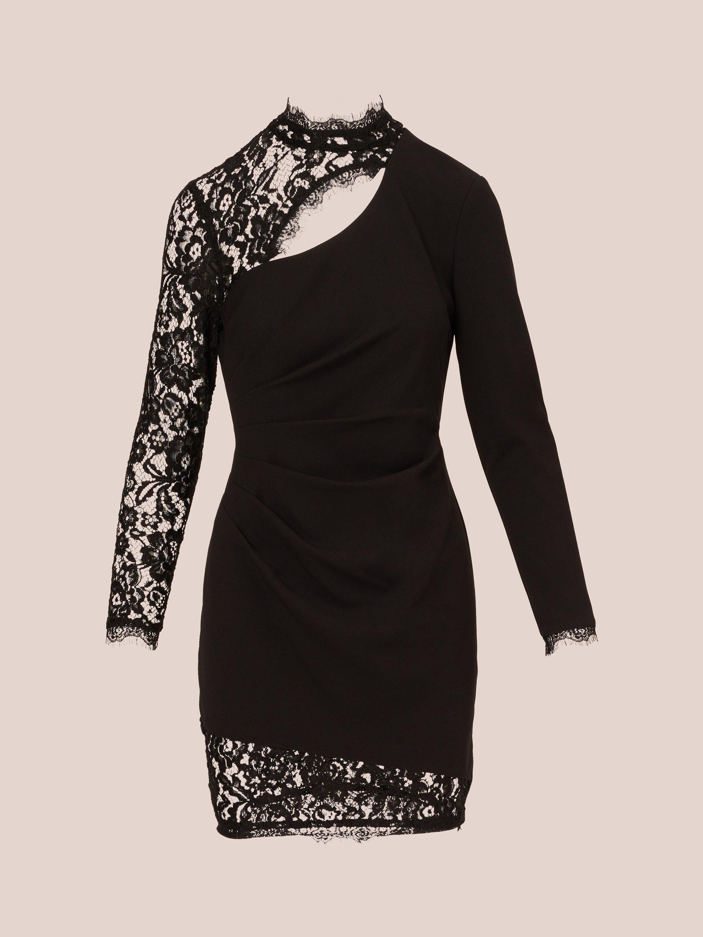 Product image 7 of 8, which shows Aidan by Adrianna Papell Lace and Stretch Crepe Mini Dress, Black, 18