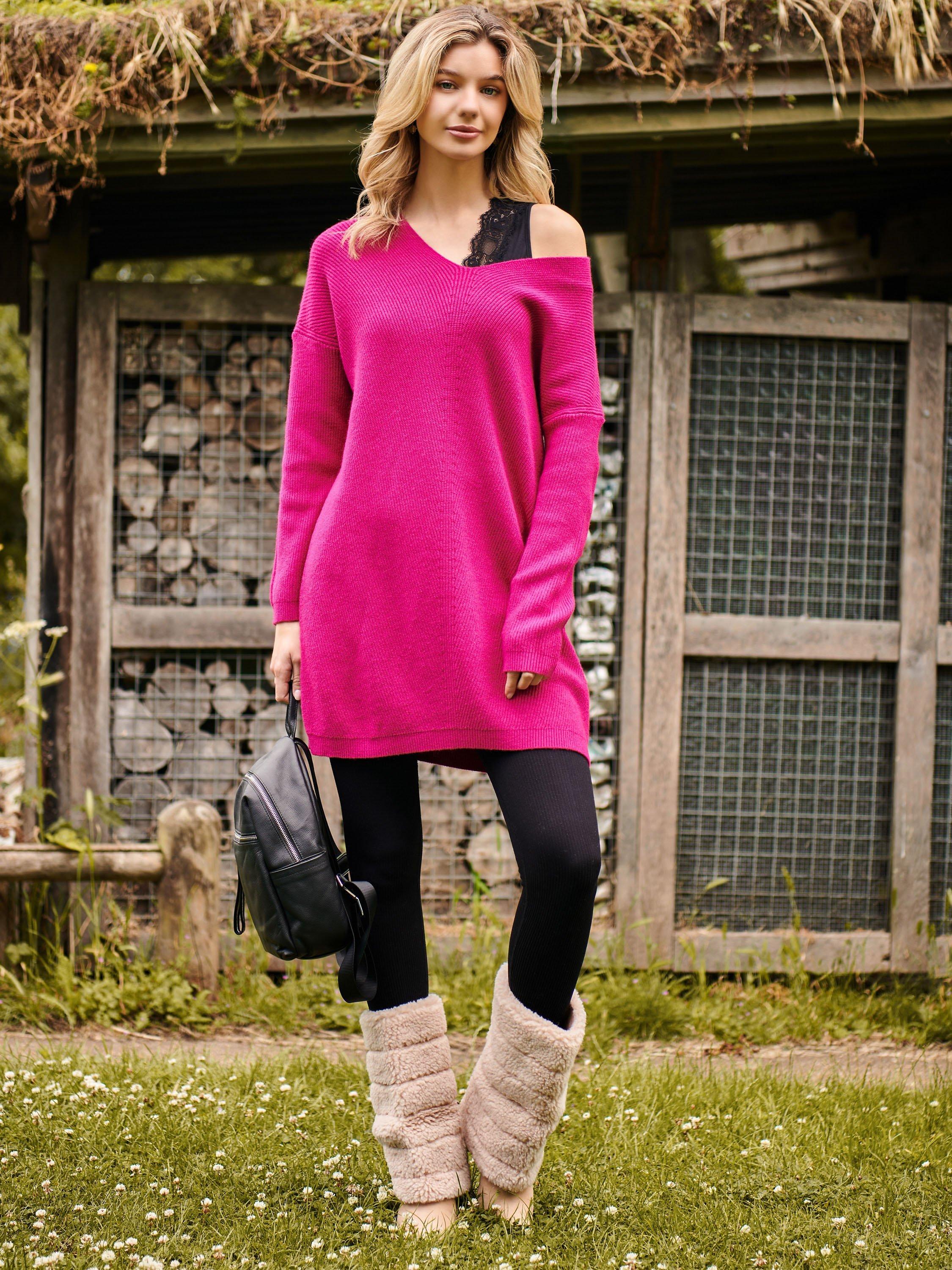 Jolie Moi V-Neck Ribbed Tunic Jumper, Raspberry