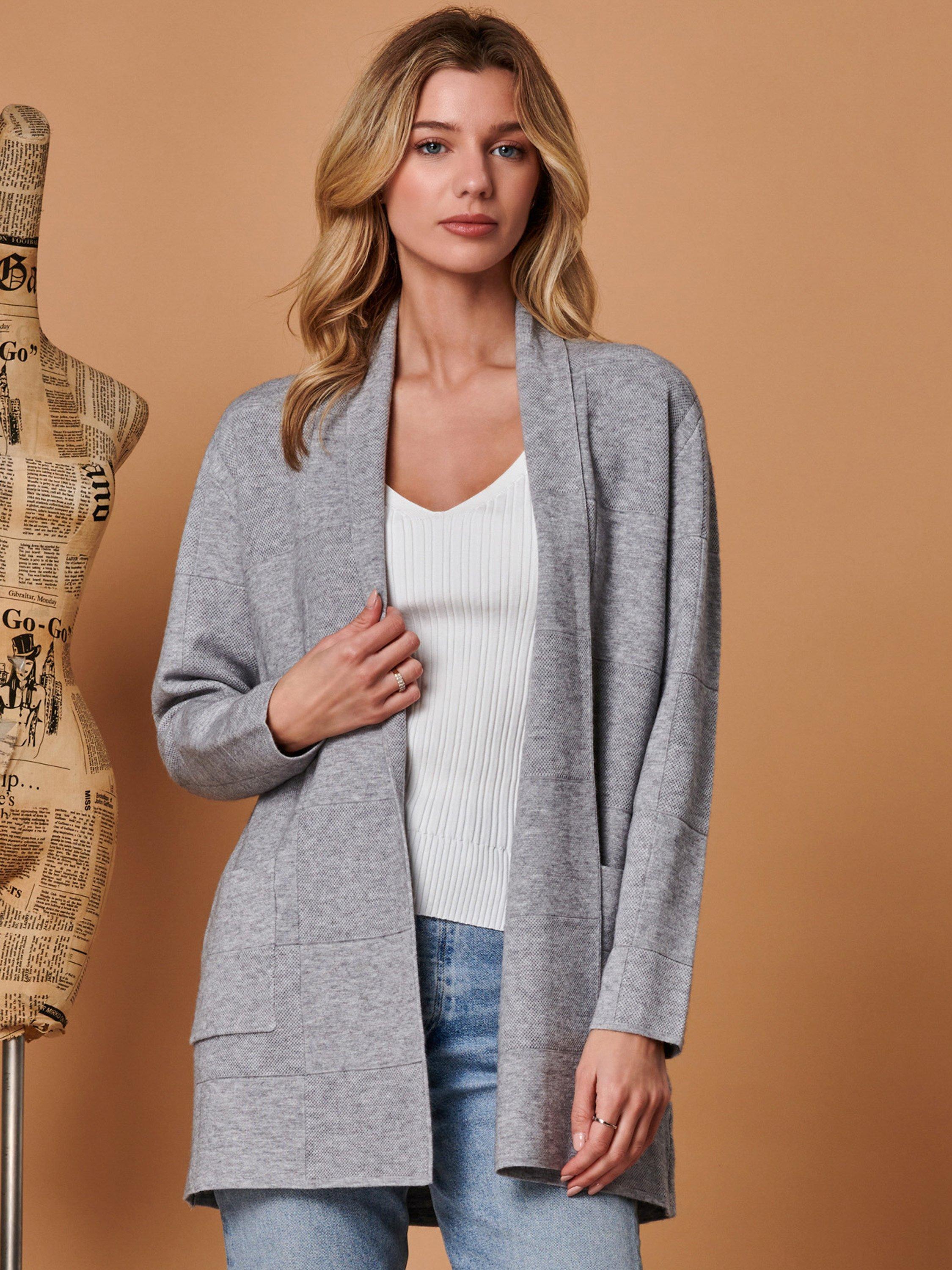 Jolie Moi Shawl Collar Check Knit Cardigan, Grey Heather