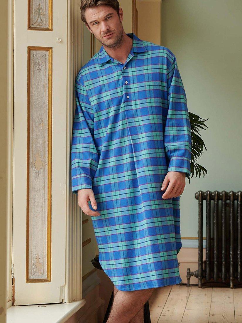 British Boxers Inverness Tartan Brushed Cotton Nightshirt, Blue/Green