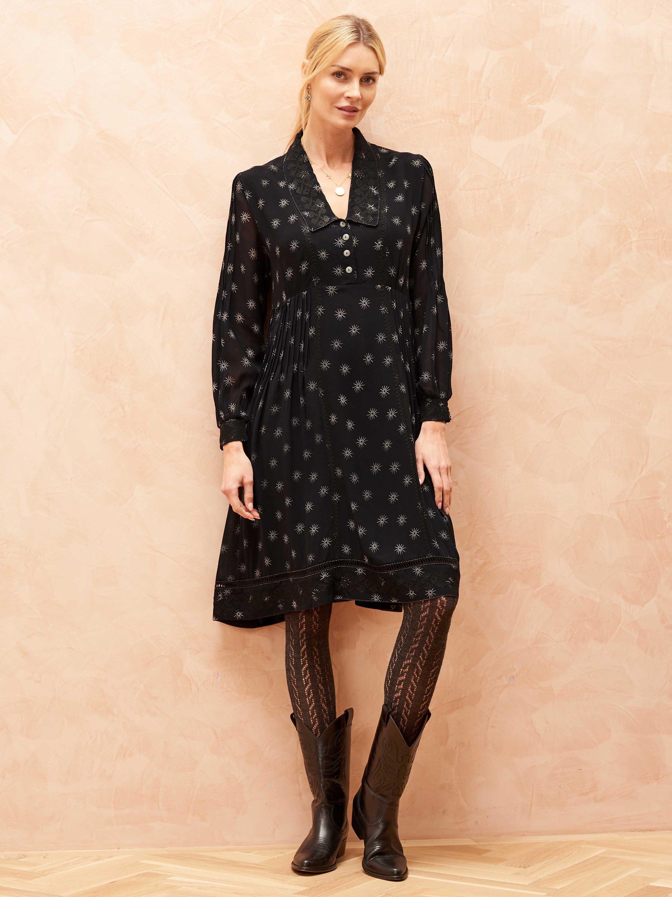 Brora Silk Etched Star Embroidered Dress, Midnight/Grey