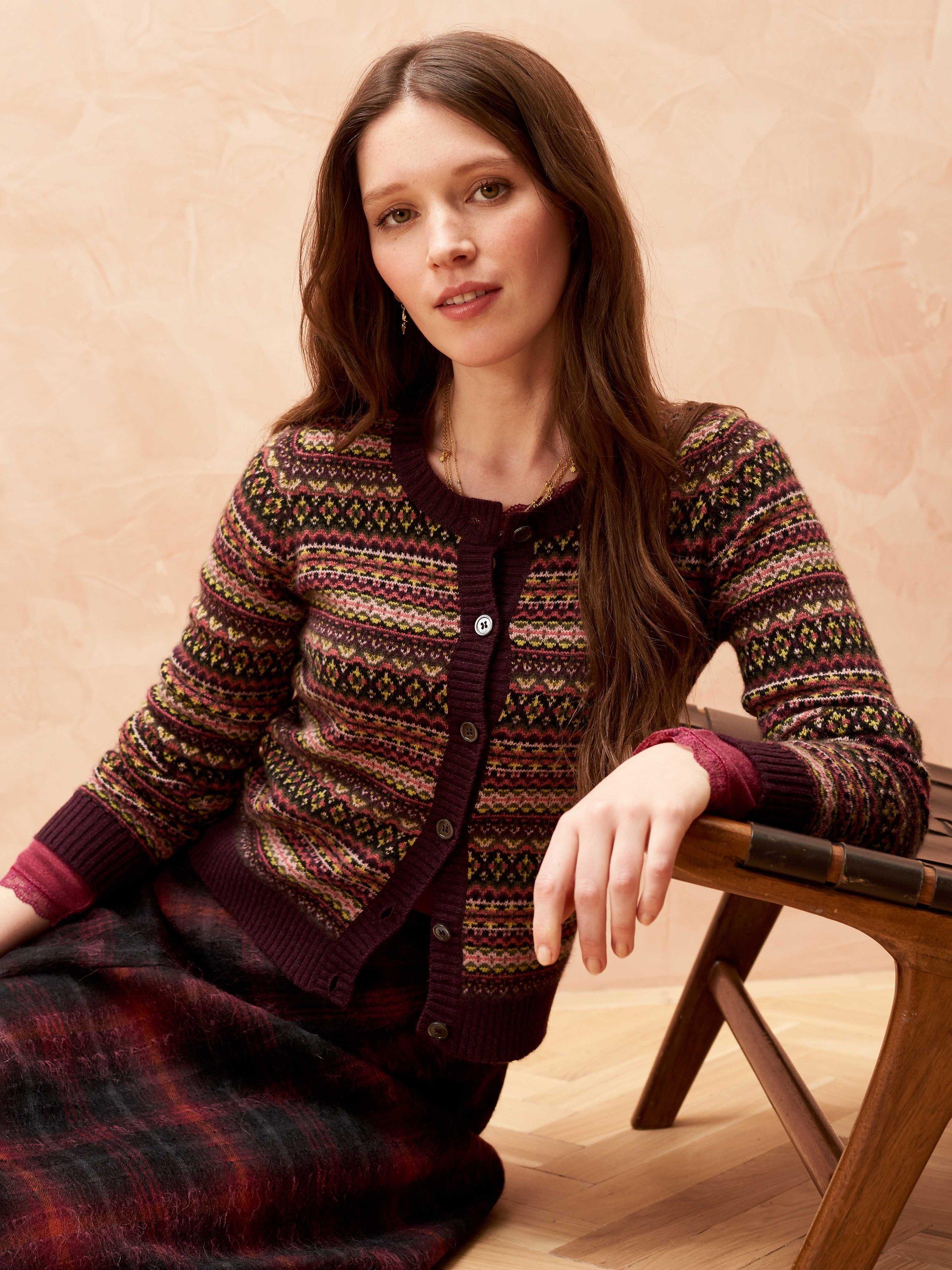 Brora Fairisle Cashmere Cardigan, Aubergine