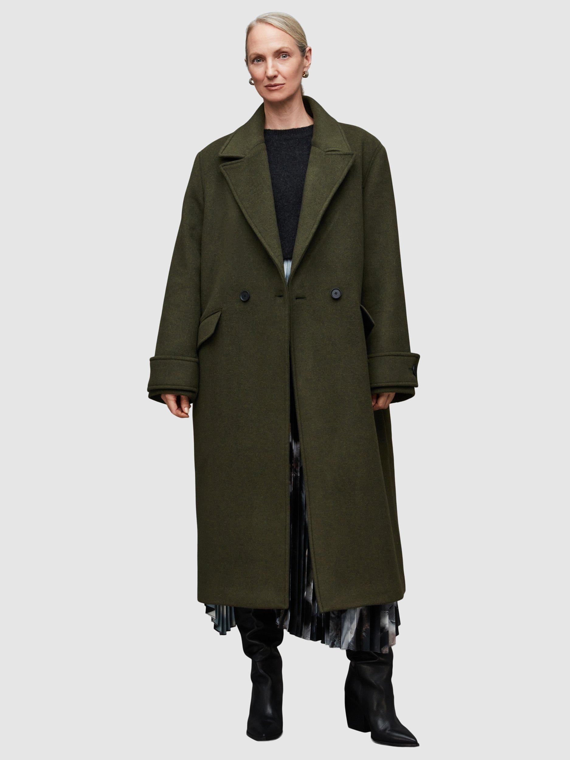 AllSaints Mabel Double Breasted Longline Coat, Khaki