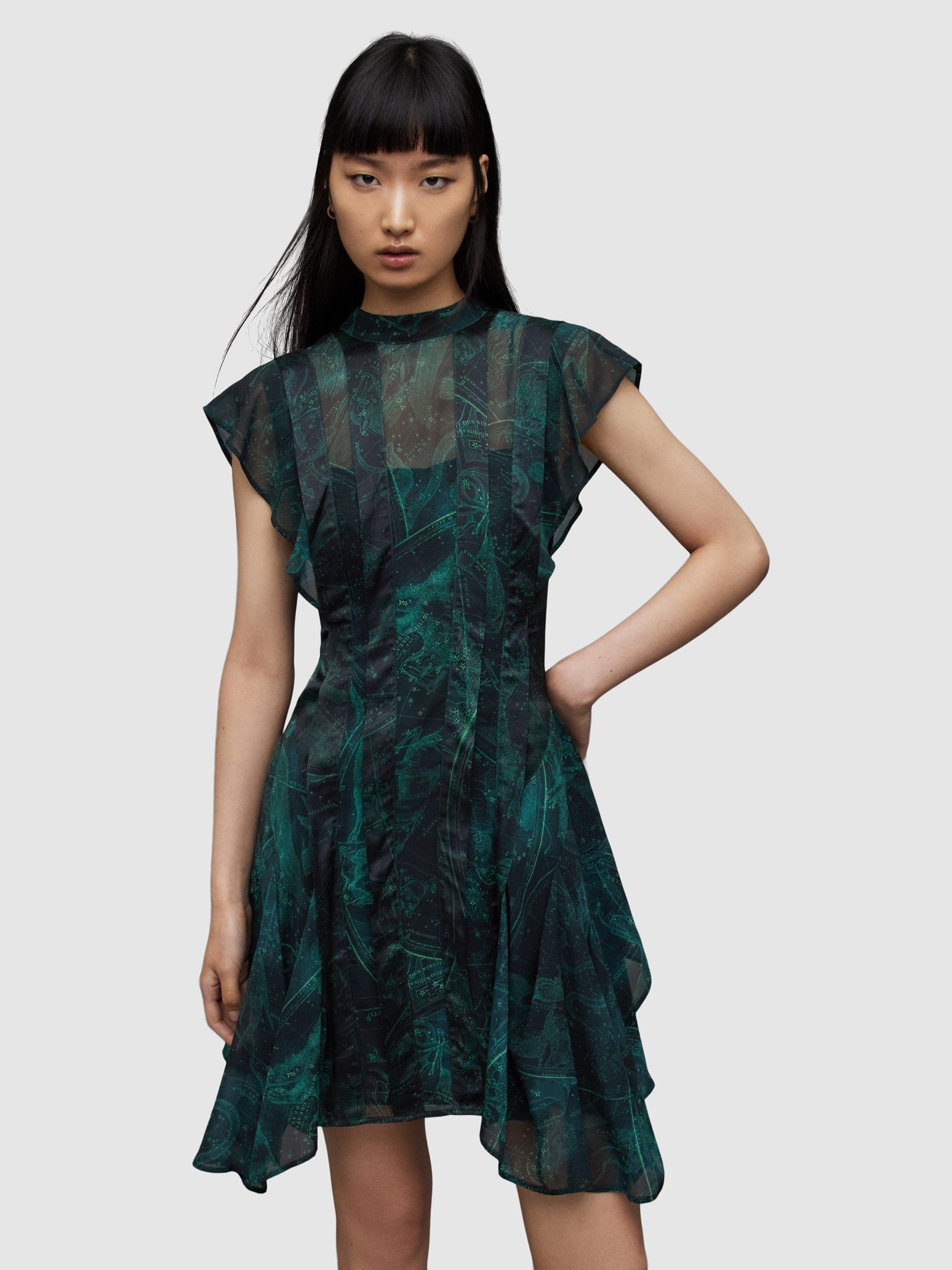 AllSaints Fleur Zig Printed Mini Dress, Jewel Green
