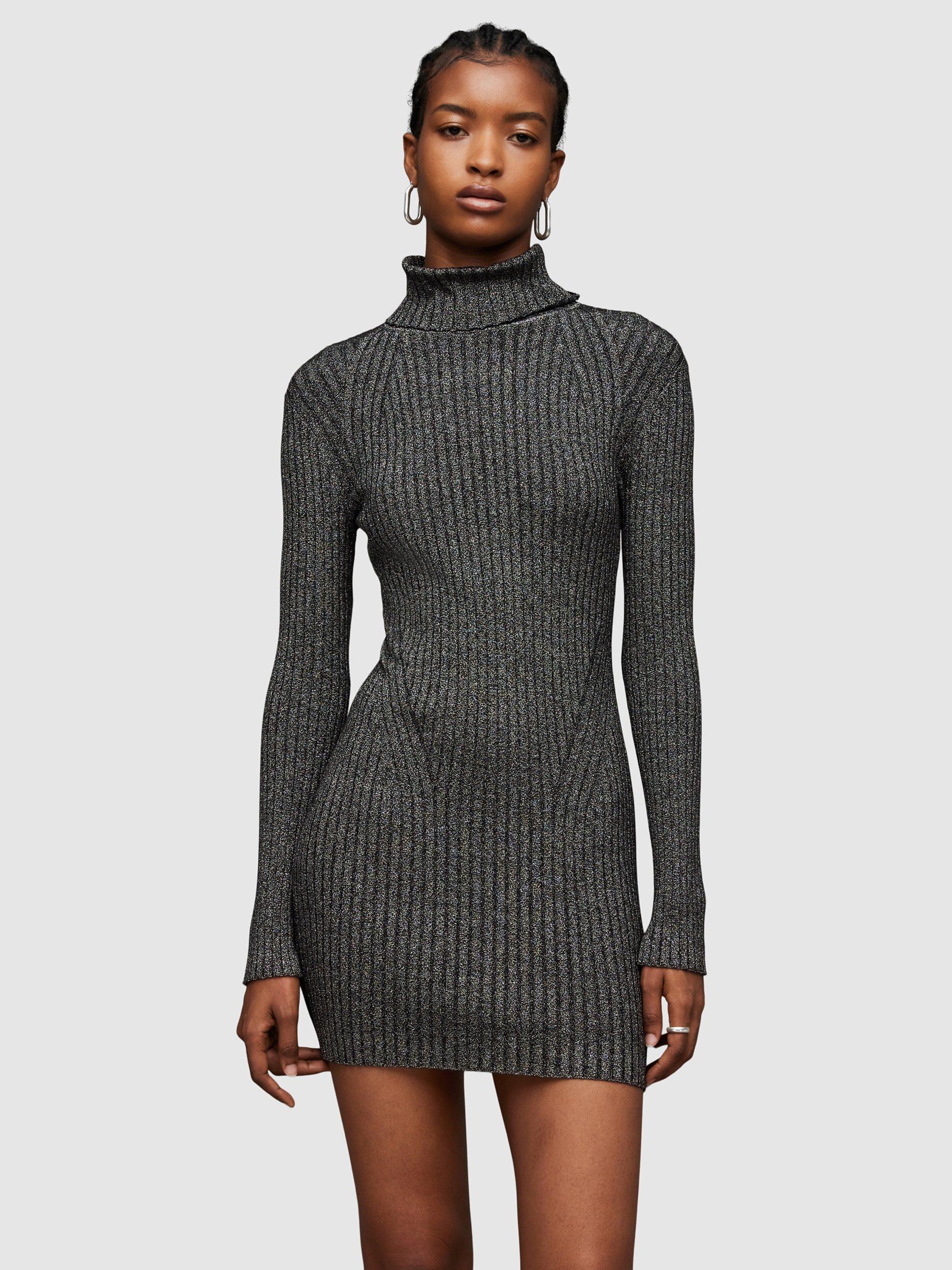 AllSaints Juliette Rib Jumper Mini Dress, Black/Silver
