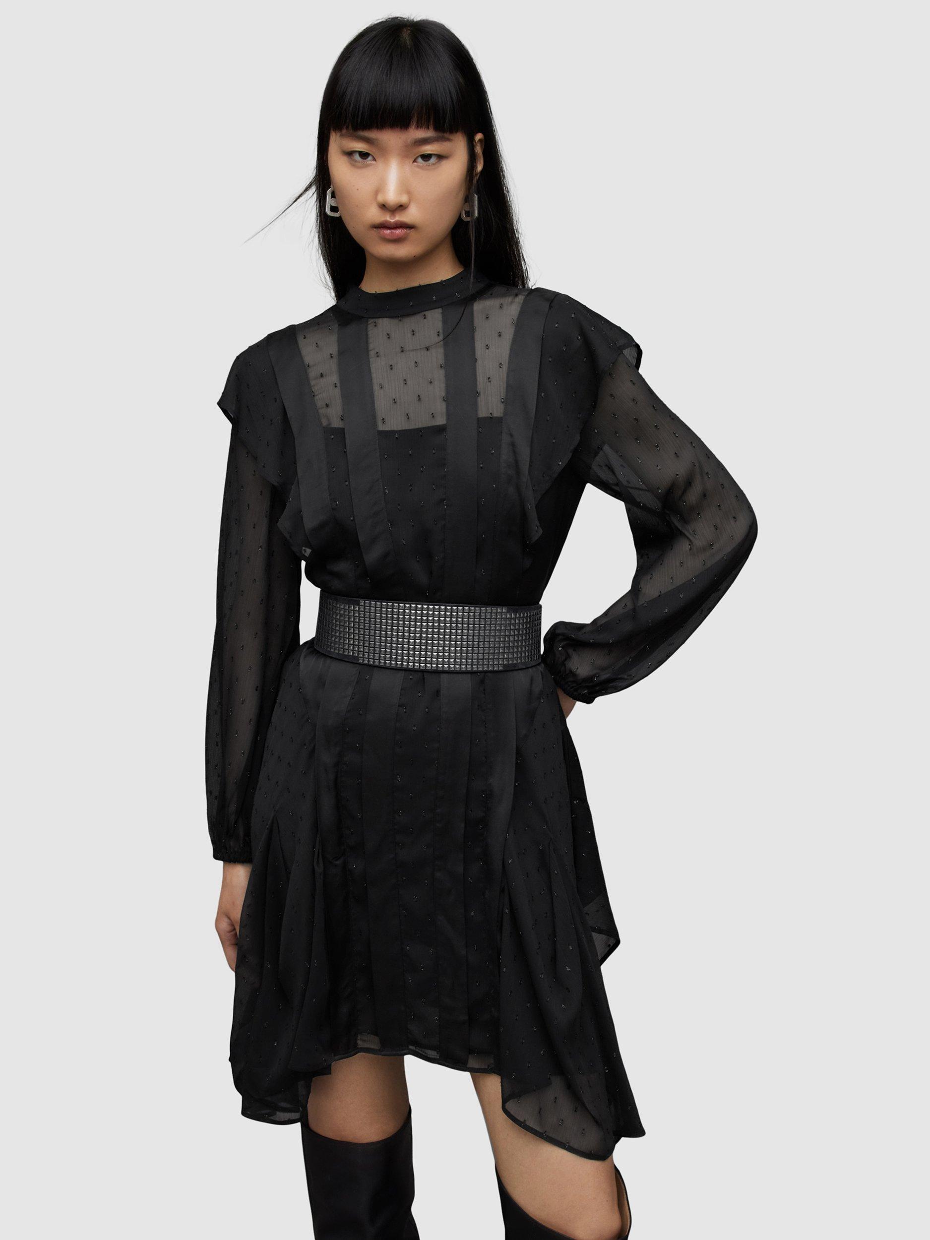AllSaints Fleur Shimmer Frill Detail Dress, Black