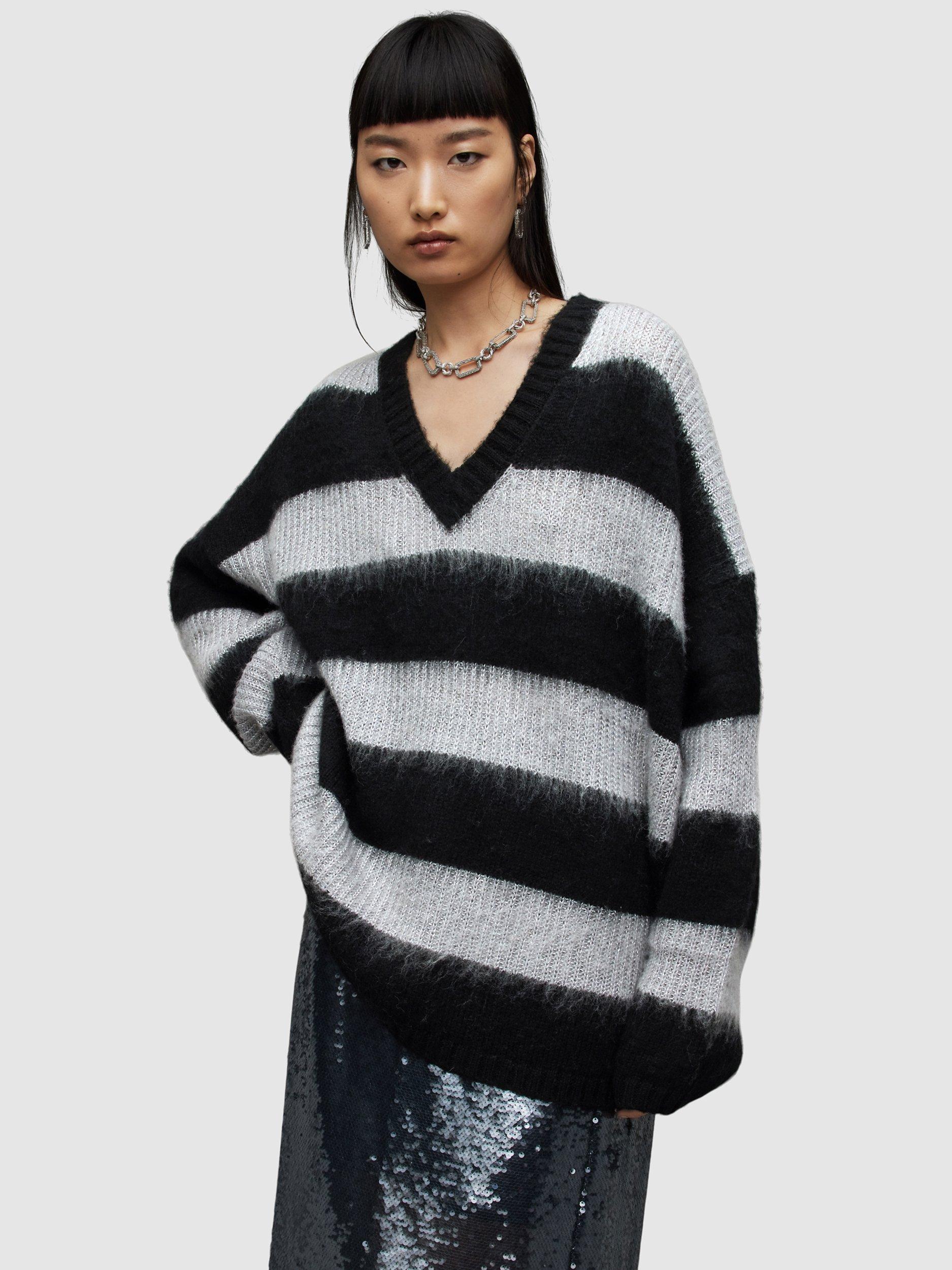 AllSaints Lou Sparkle Stripe V-Neck Oversized Jumper, Black/Cloud Grey