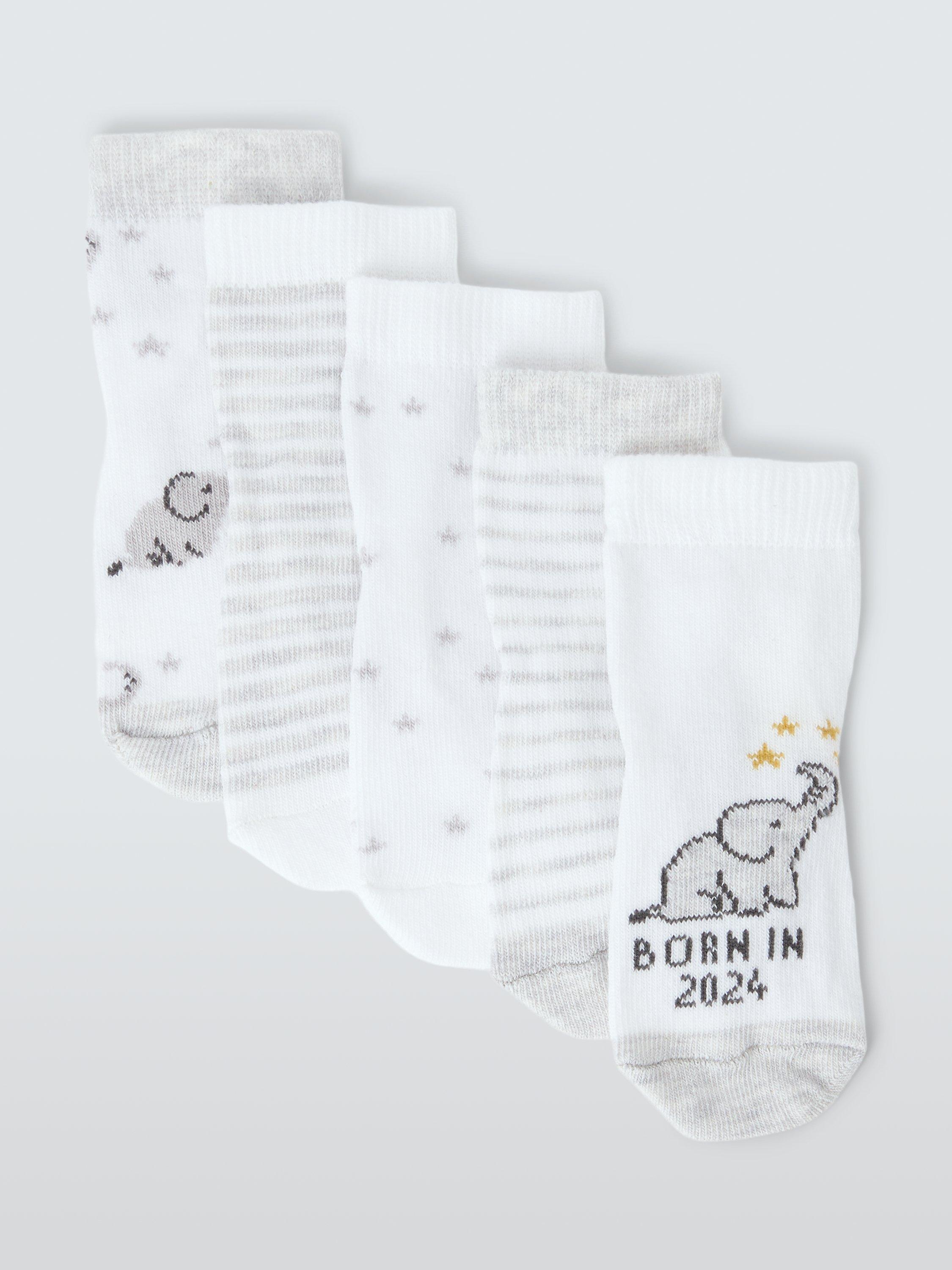 Product image 1 of 2, which shows John Lewis Baby Organic Cotton Rich Born in 2024 Socks, Pack of 5, White/Multi, Newborn