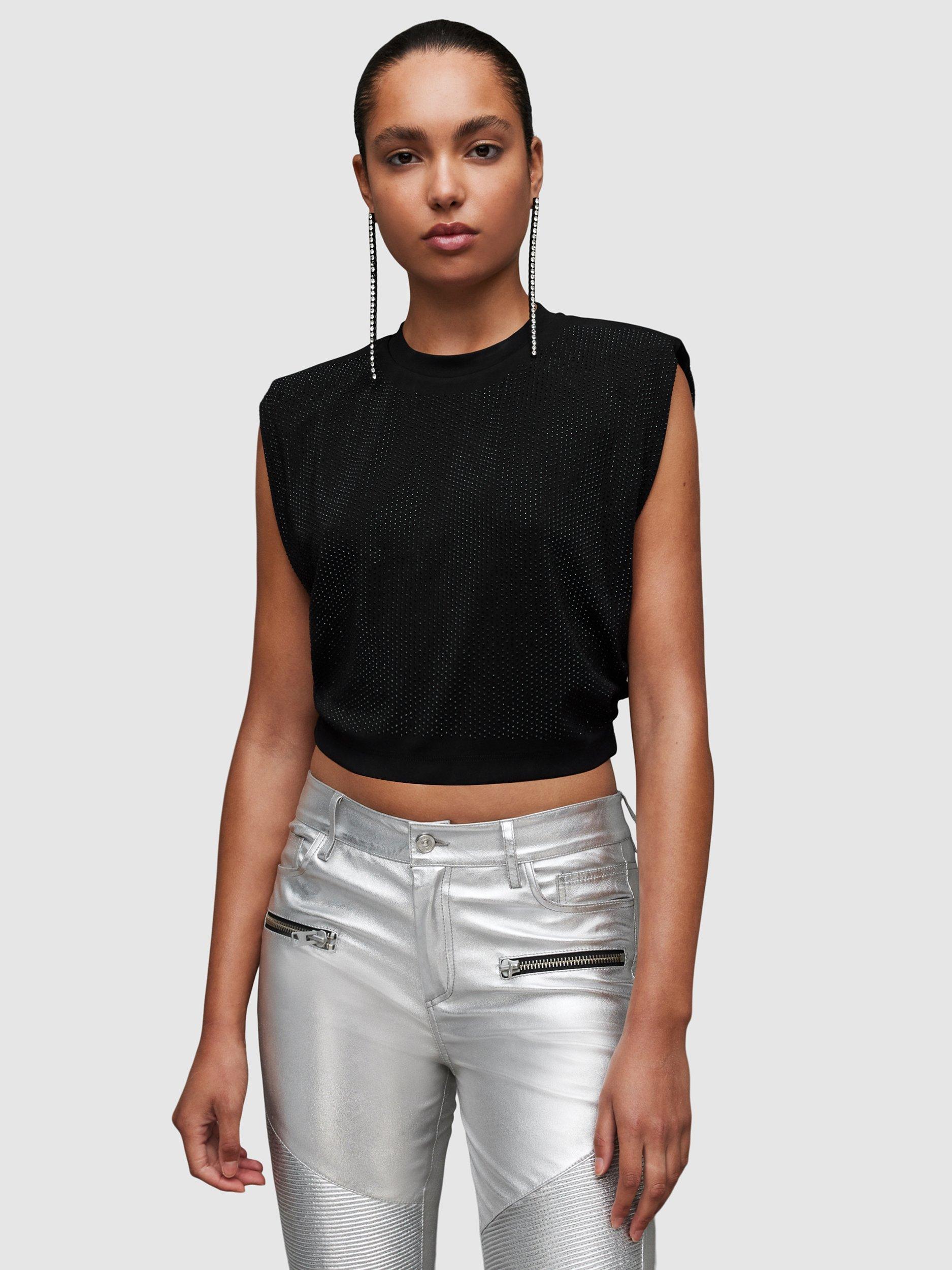 AllSaints Alya Mika Embellished Cropped Tank Top, Black