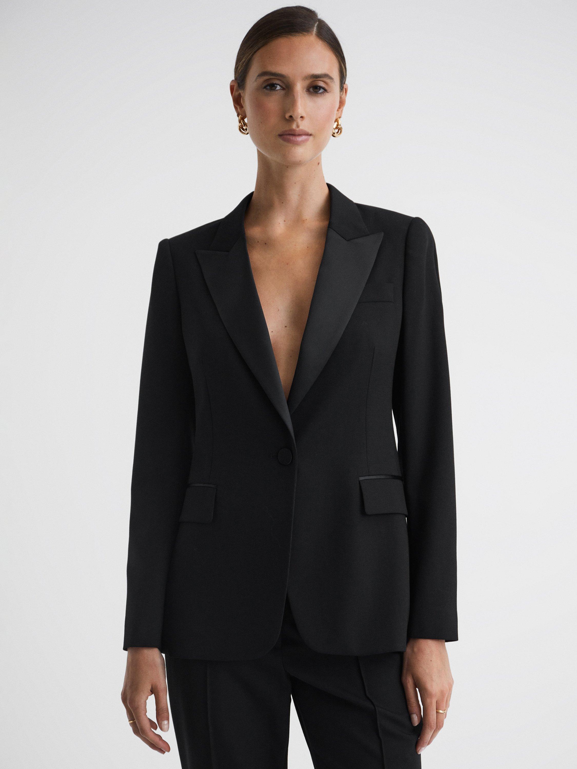 Reiss Alia Satin Lapel Tuxedo Blazer, Black