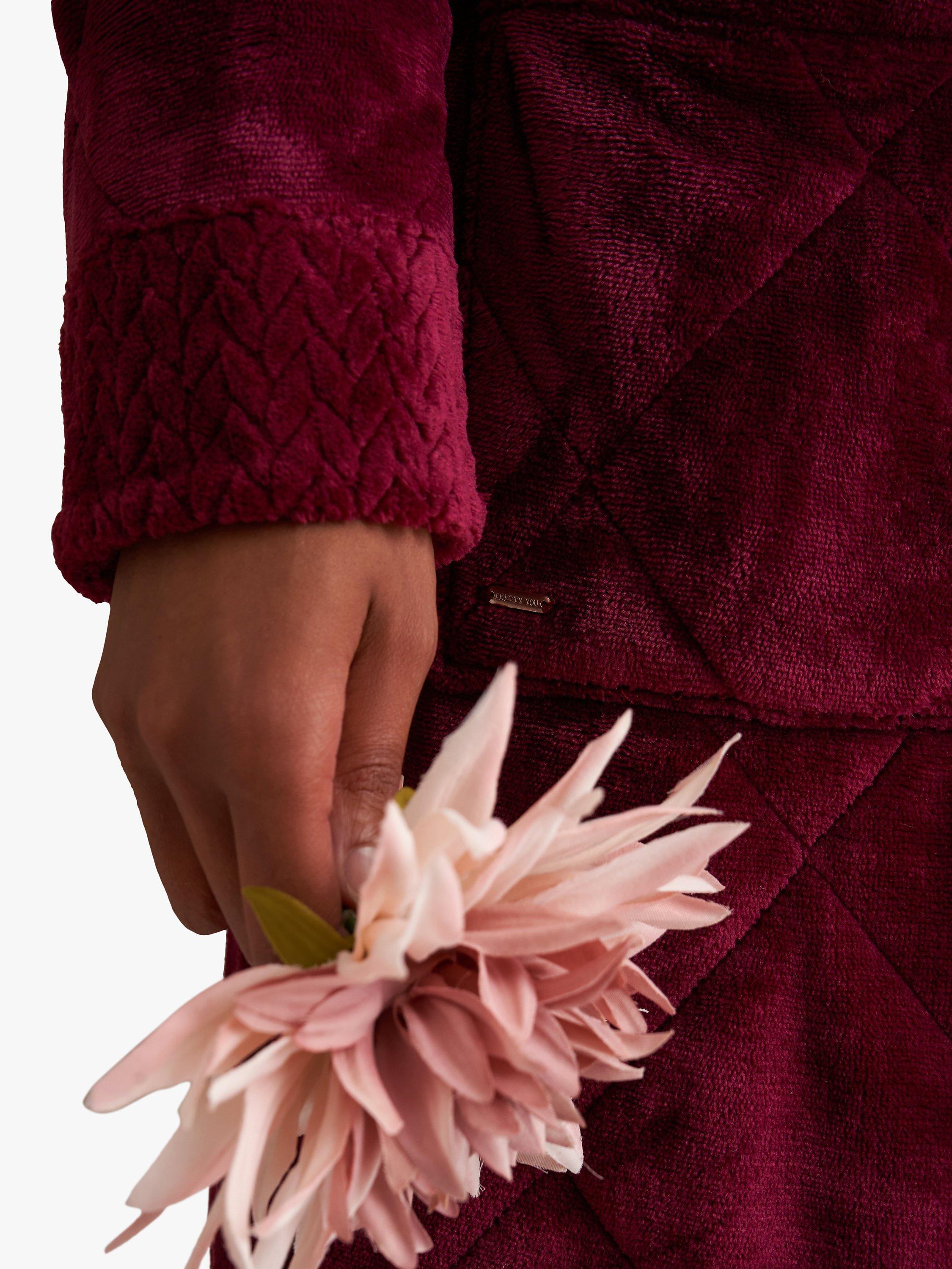 Product image 2 of 5, which shows Pretty You London Quilted Velour Dressing Gown, Bordeaux, S-M