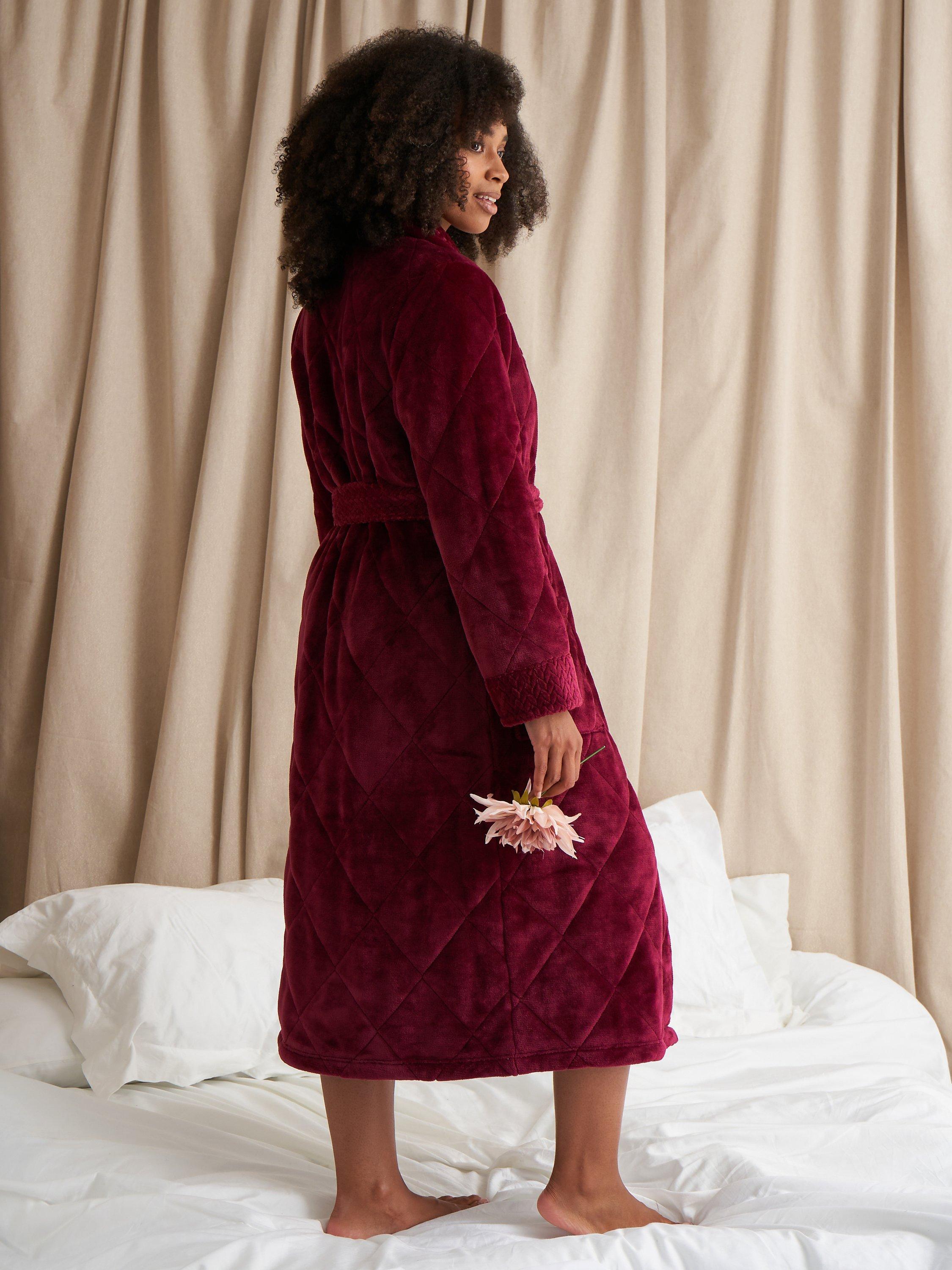 Product image 3 of 5, which shows Pretty You London Quilted Velour Dressing Gown, Bordeaux, S-M