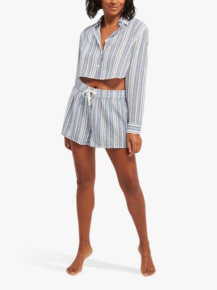 Nudea Organic Cotton Cropped Night Shirt, White/Navy