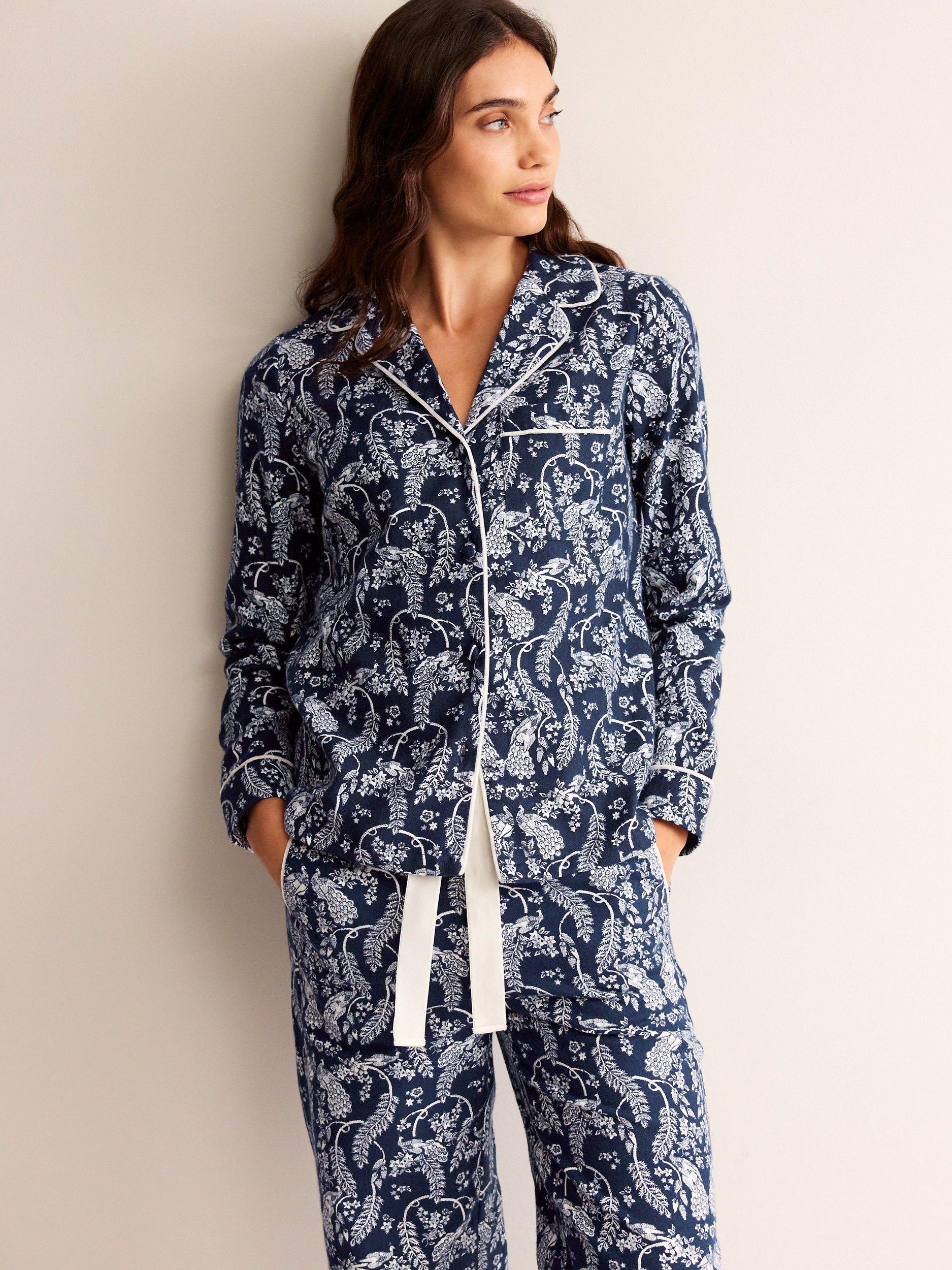 Boden Peacock Print Brushed Cotton Pyjama Shirt, French Navy/White