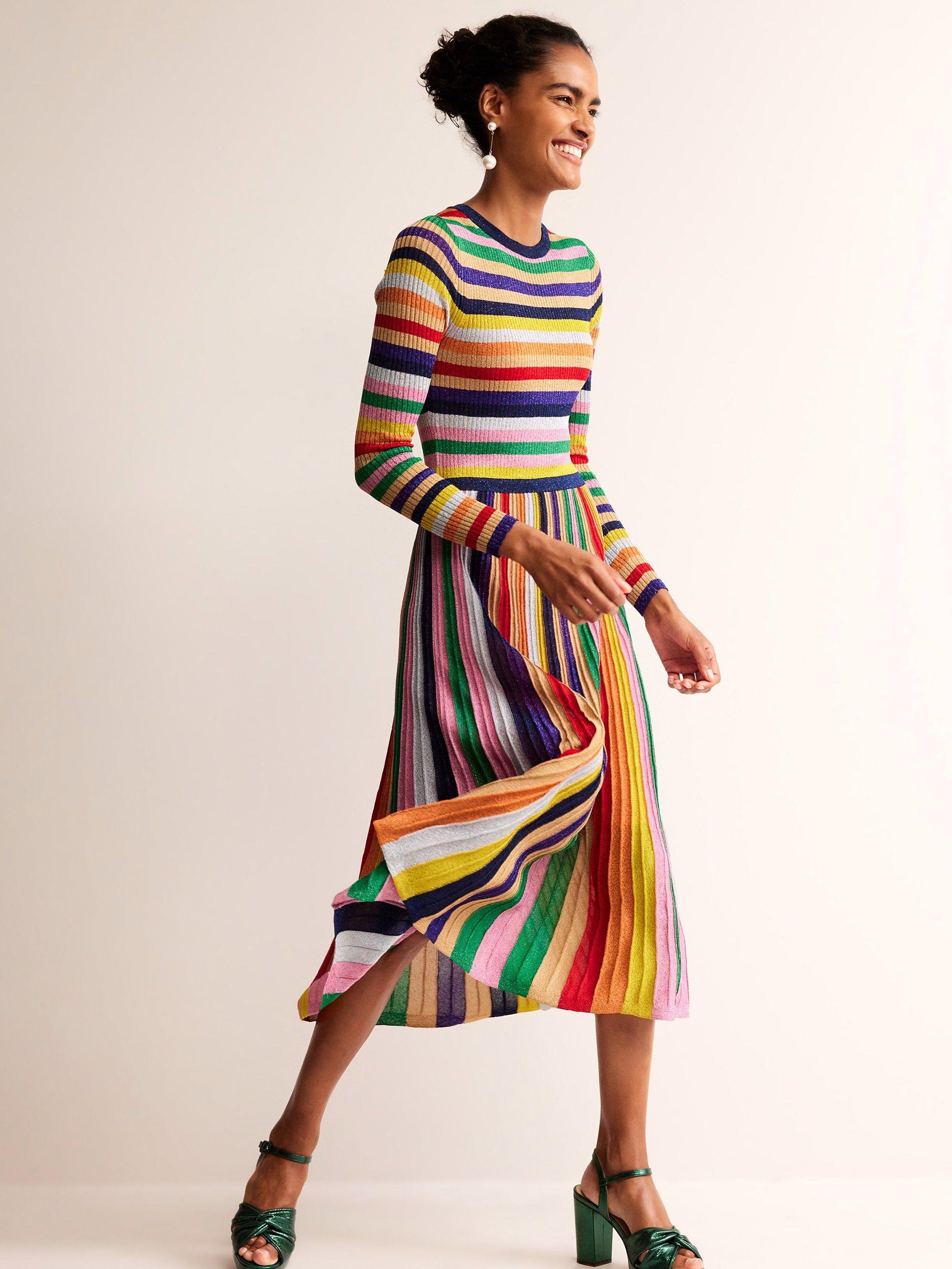 Boden Ribbed Stripe Metallic Dress, Multi