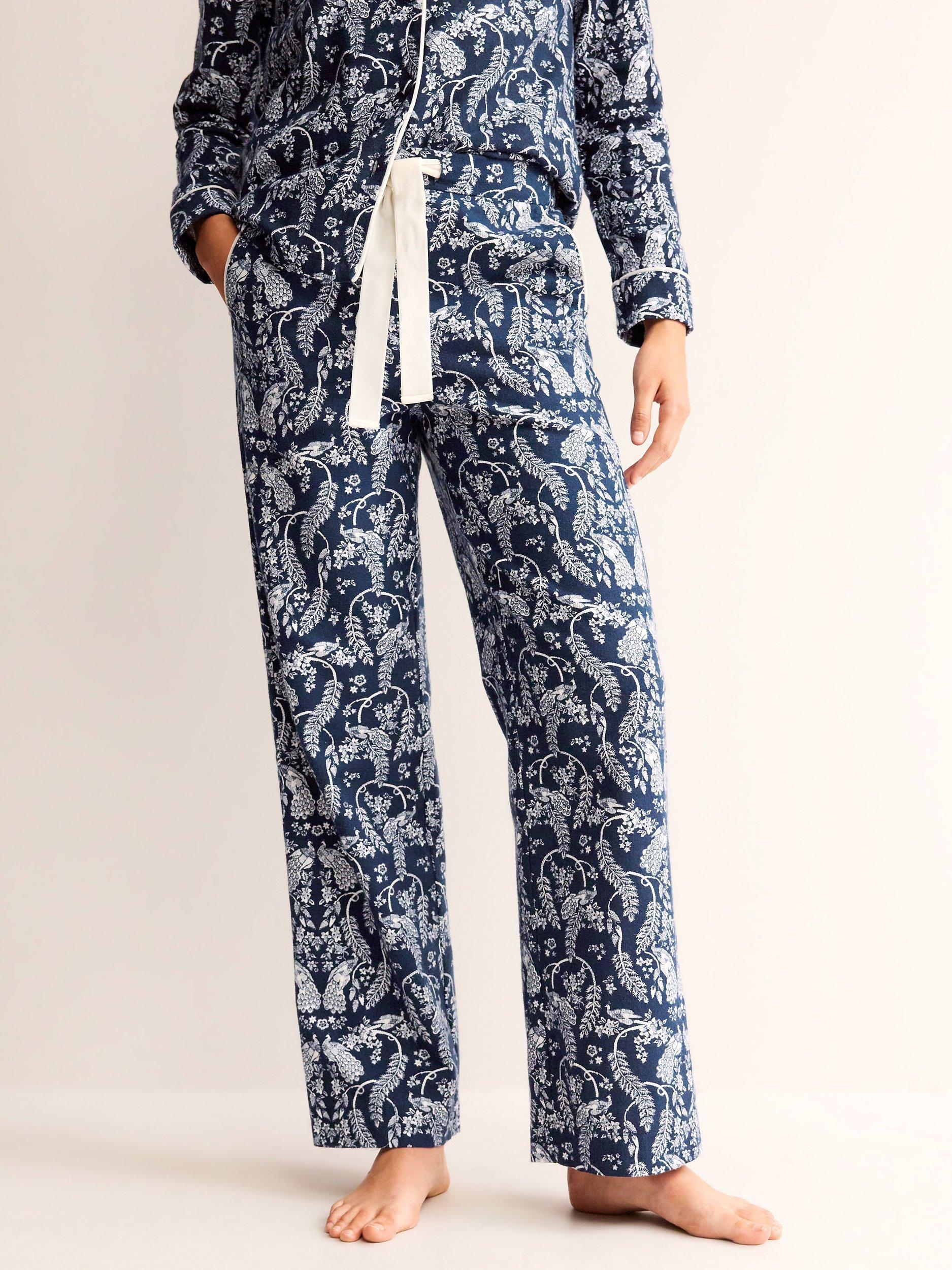 Boden Peacock Print Brushed Cotton Pyjama Bottoms, French Navy/White