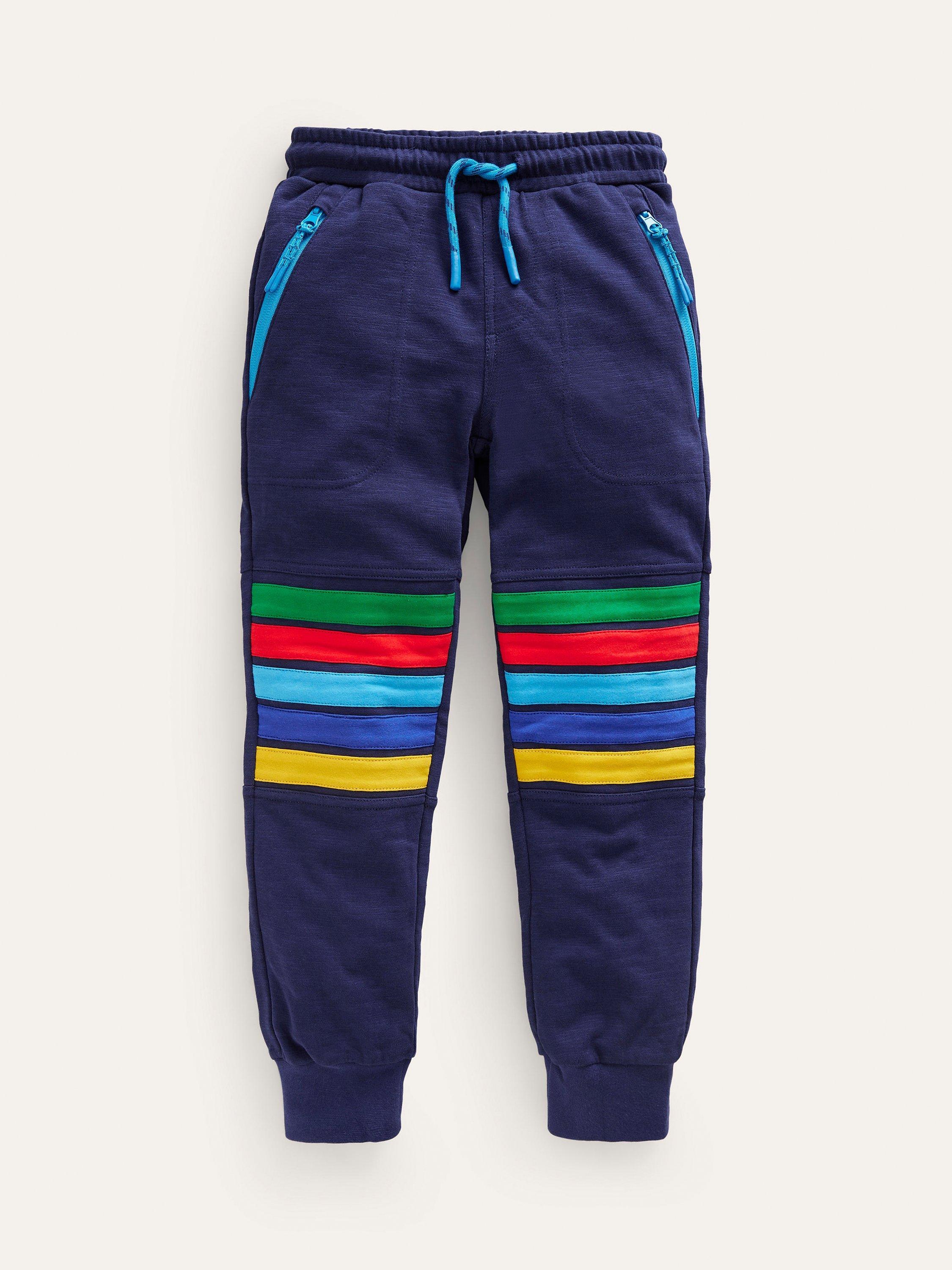 Mini Boden Kids Warrior Rainbow Stripe Reinforced Knee Joggers Twilight Blue