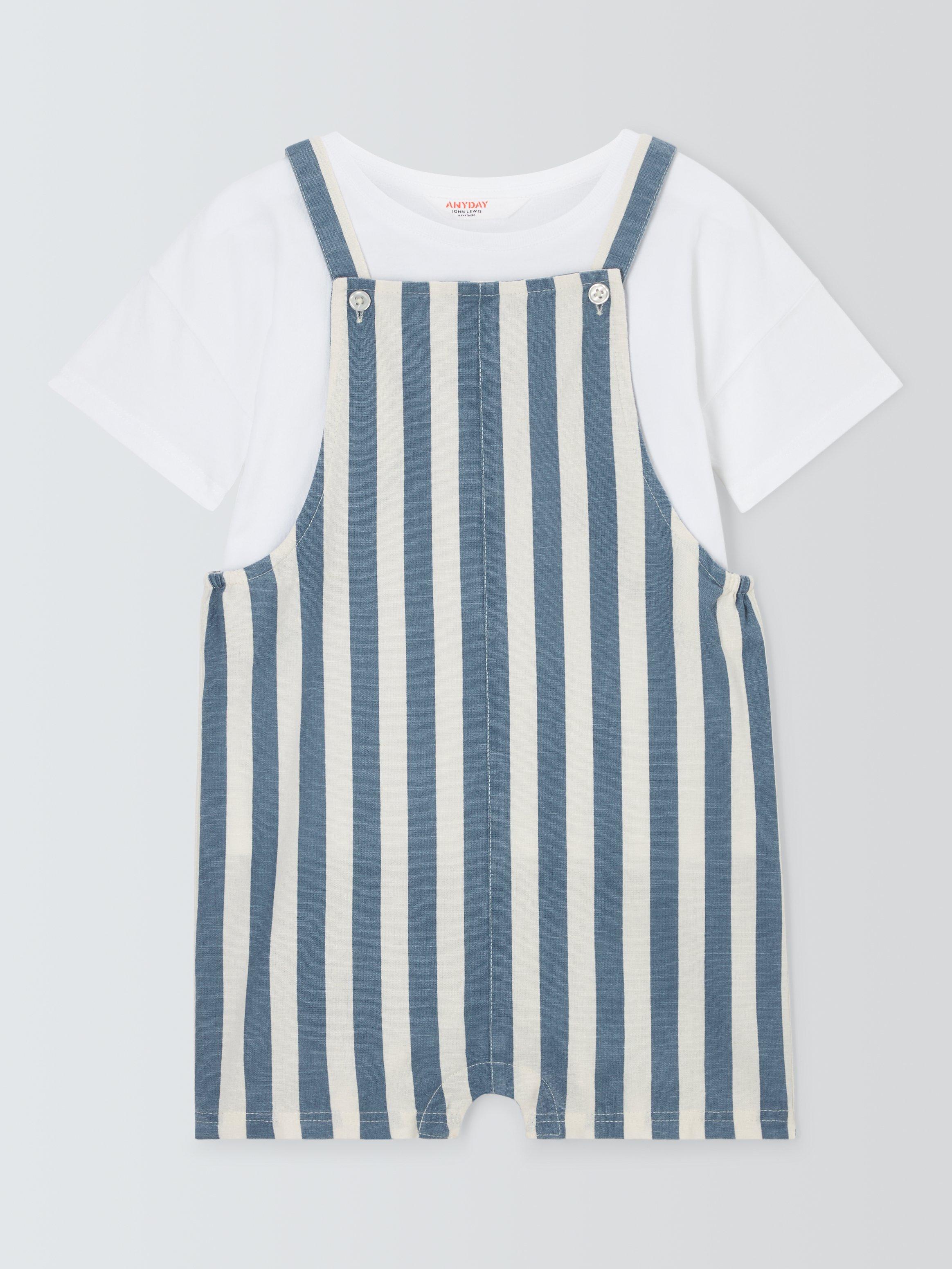 John Lewis ANYDAY Baby Cotton T-Shirt and Linen Blend Stripe Dungarees