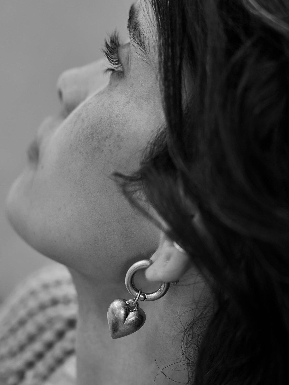 Product image 2 of 4, which shows Mint Velvet Heart Drop Earrings, Silver, One Size