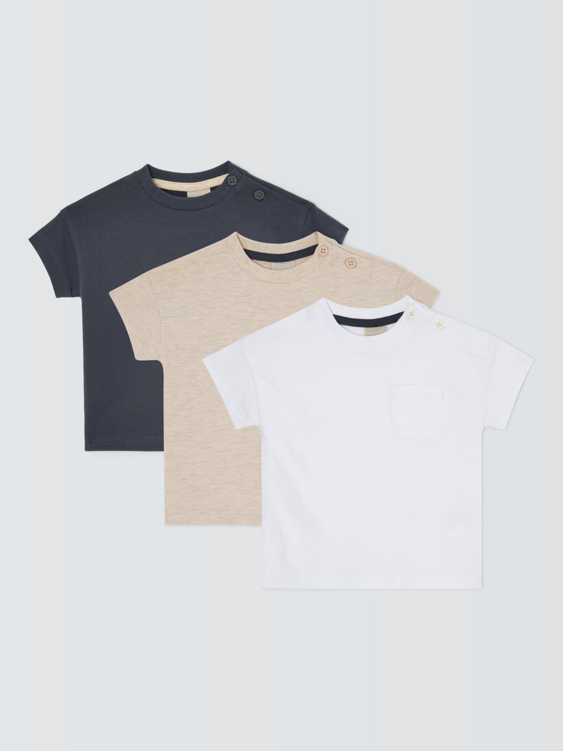 Product image 1 of 3, which shows John Lewis Baby Plain Cotton T-Shirt, Pack of 3, Multi, 6-9 months