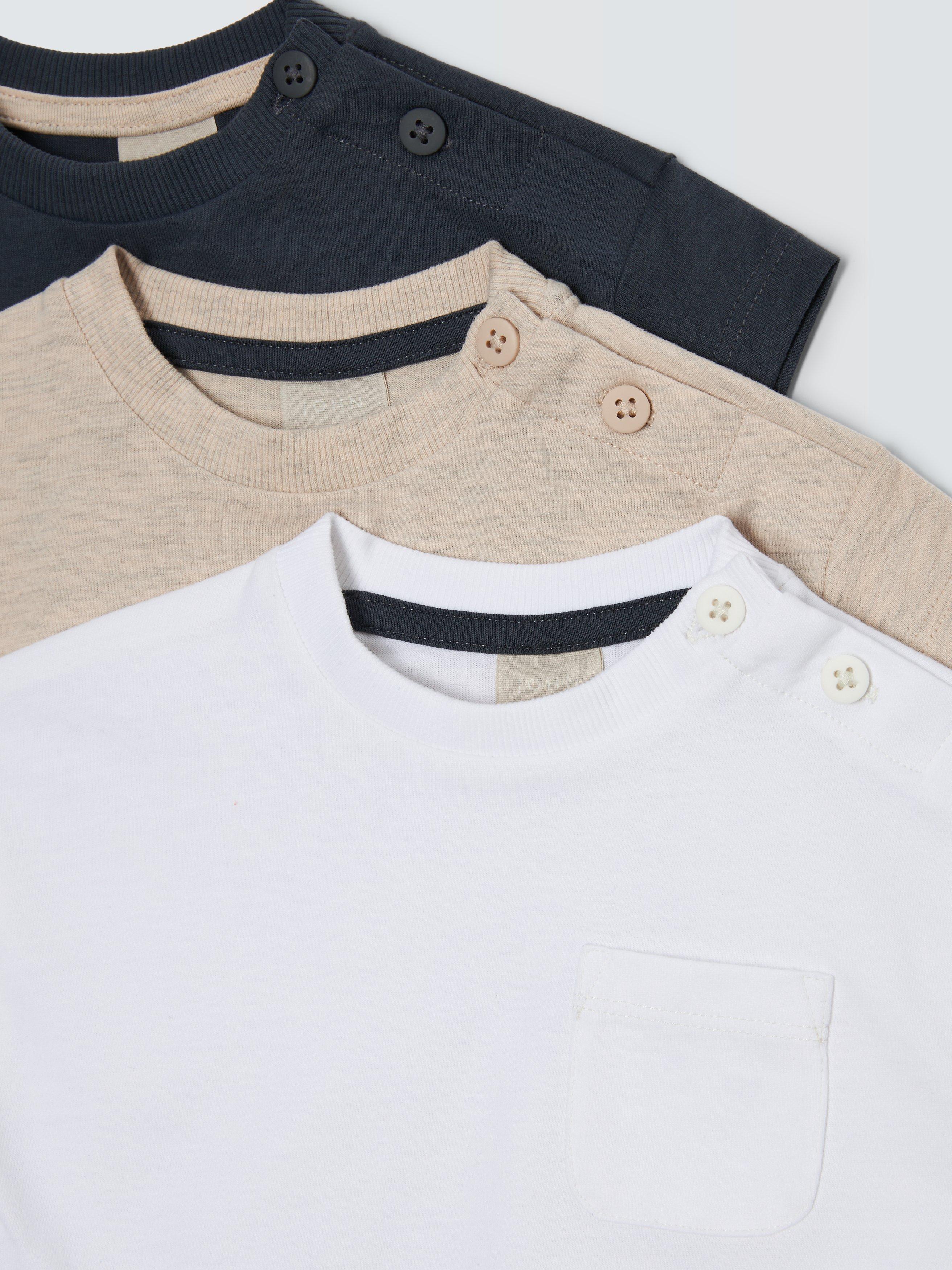 Product image 3 of 3, which shows John Lewis Baby Plain Cotton T-Shirt, Pack of 3, Multi, 6-9 months