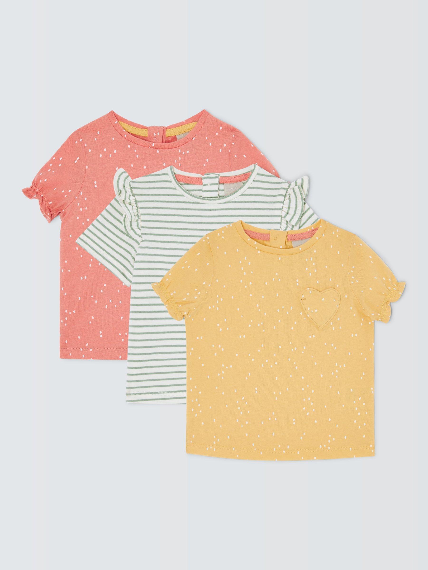 John Lewis Baby Stripe Frill Pocket Detail T-Shirt, Pack of 3, Multi