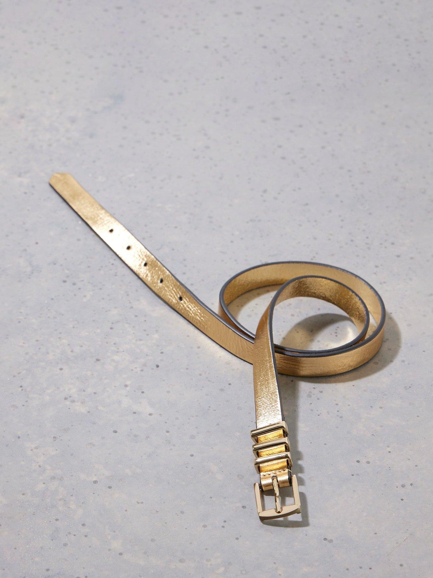 Mint Velvet Leather Skinny Buckle Belt, Gold