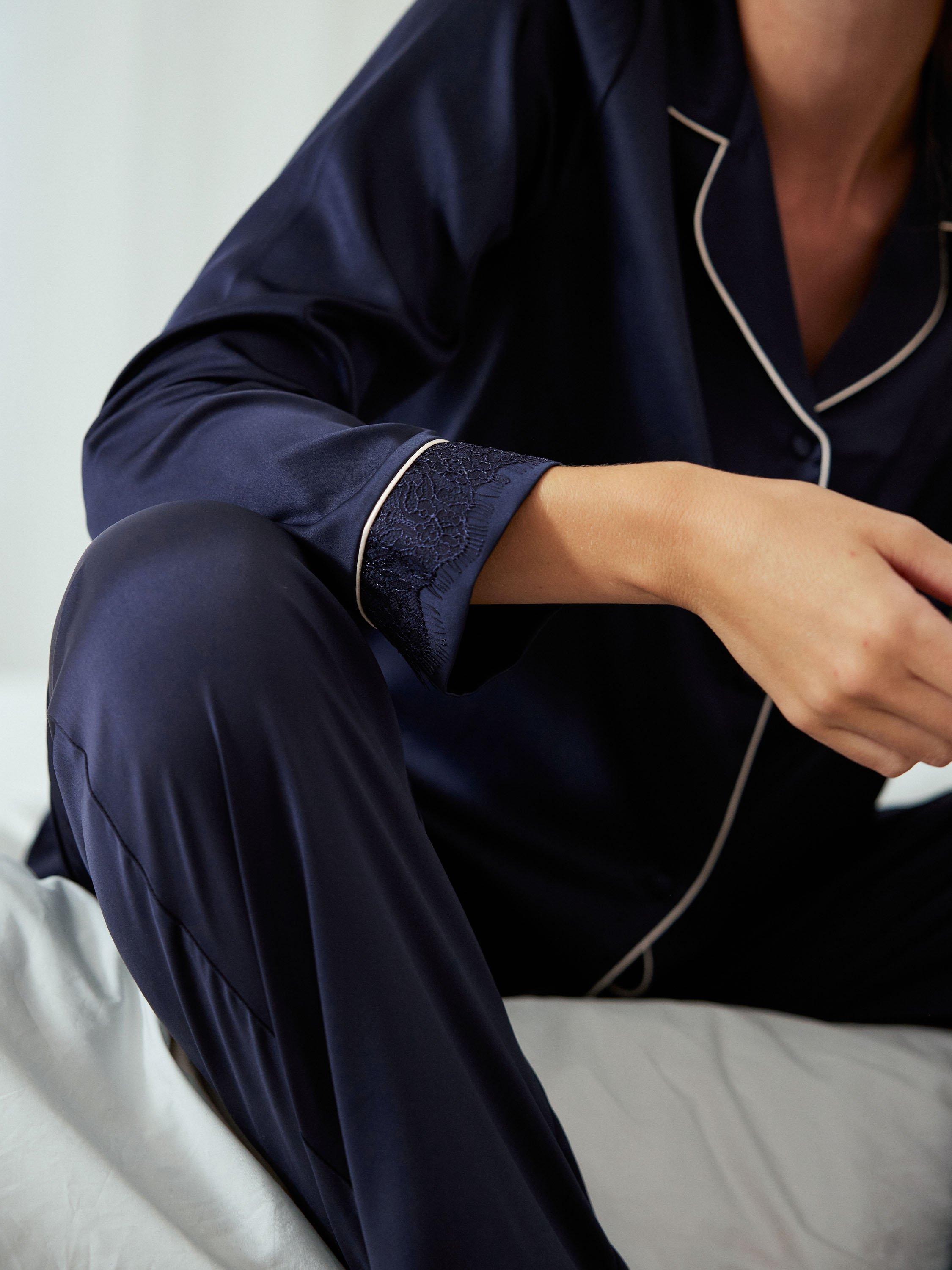 Product image 5 of 5, which shows Chelsea Peers Satin Long Sleeve Shirt Pyjama Set, Navy, 6
