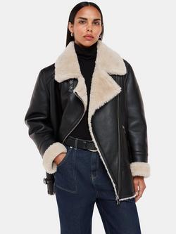 Whistles Faux Fur Aviator Biker Jacket, Black, Black